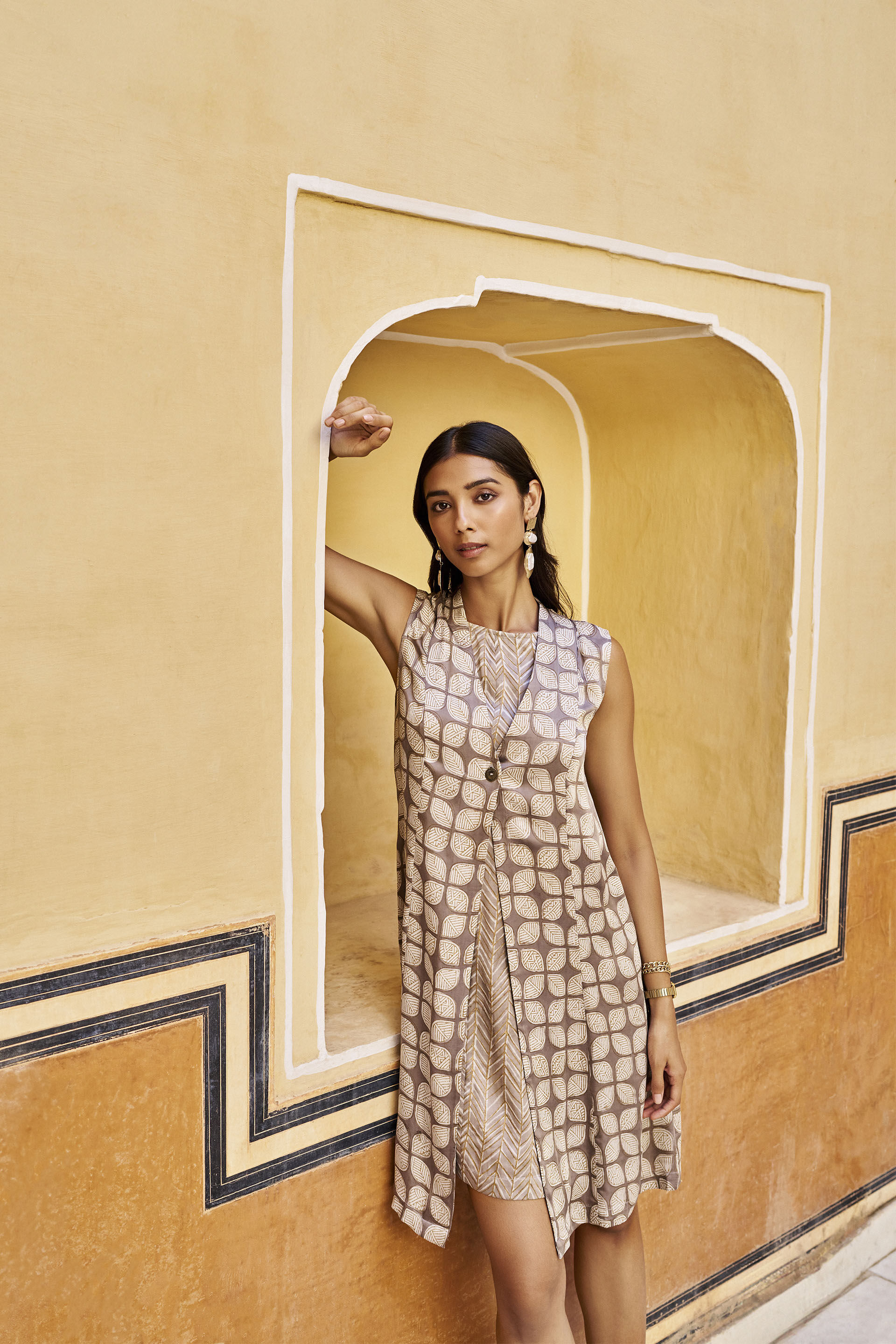 Reverie Hand block Printed Gold Khadi Overlayer Dress Grey