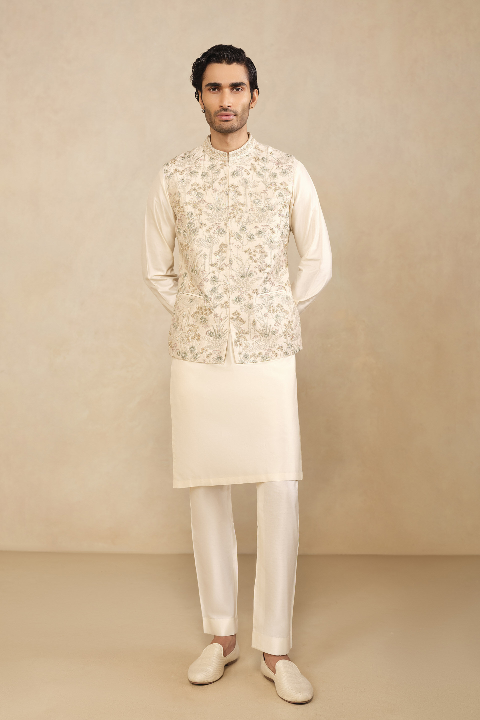 Balfour Embroidered Silk Nehru Jacket - Ivory, Ivory, image 1