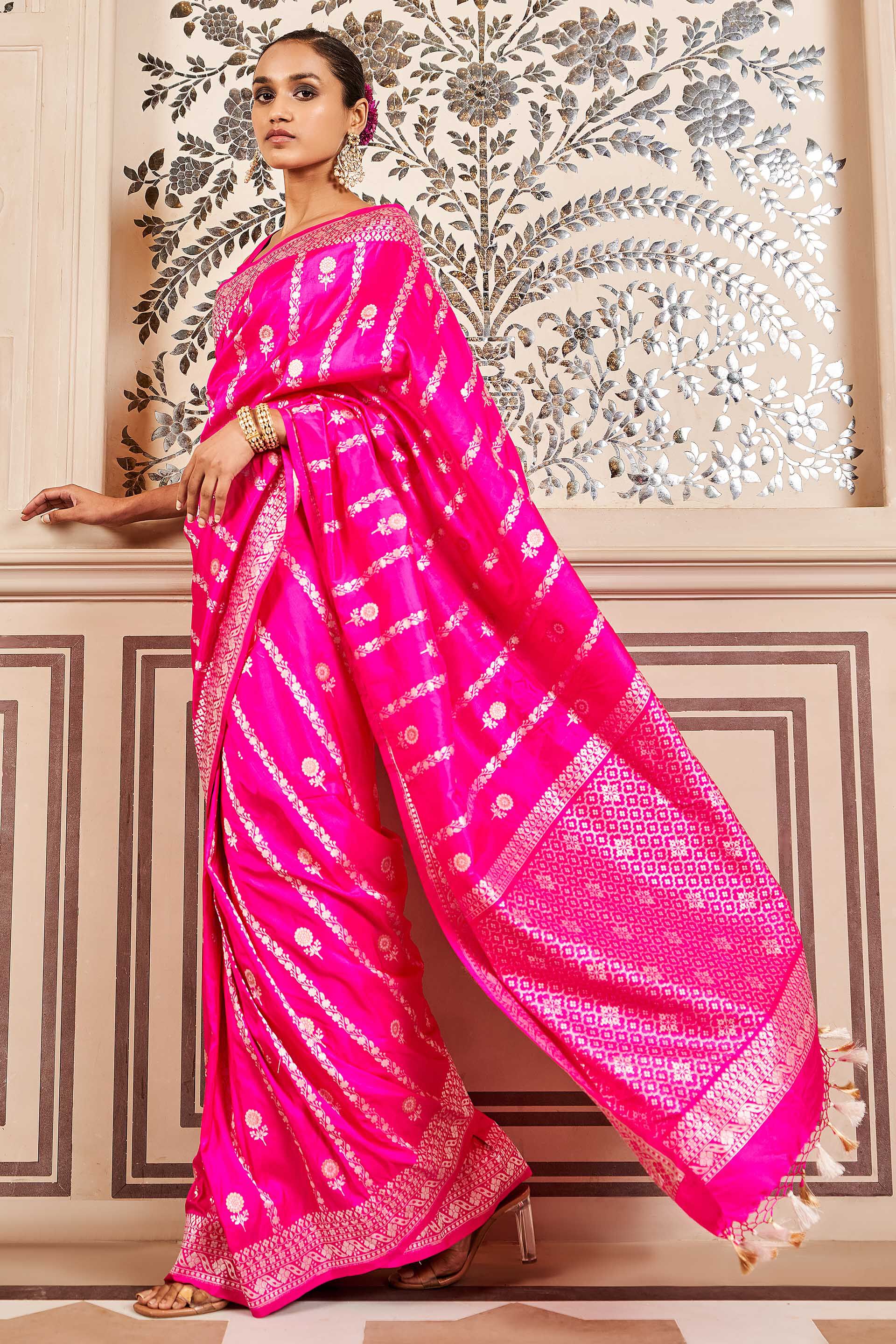 Fuchsia Pink Dual Tone Banarasi Silk Saree - Urban Womania