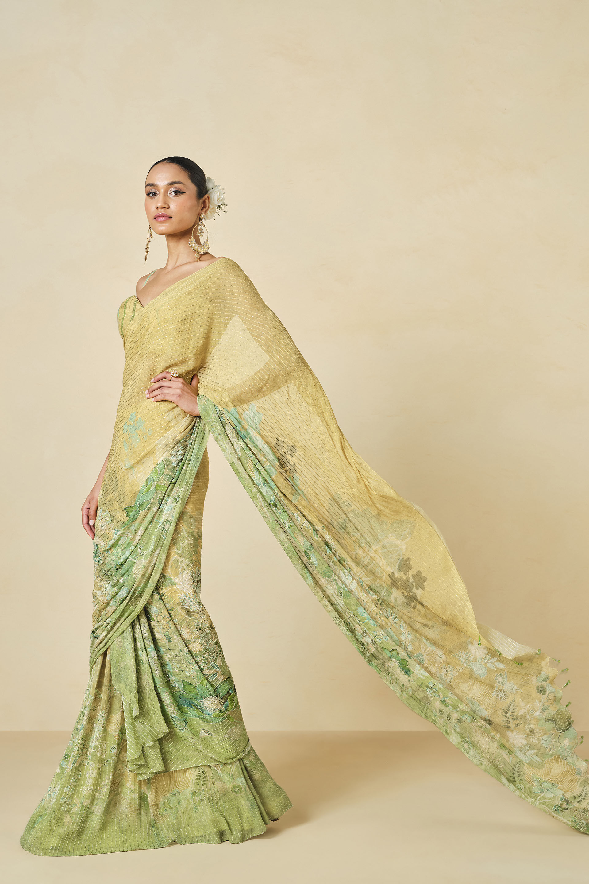 Naida Georgette Pre-draped Saree - Sage, Sage, image 3