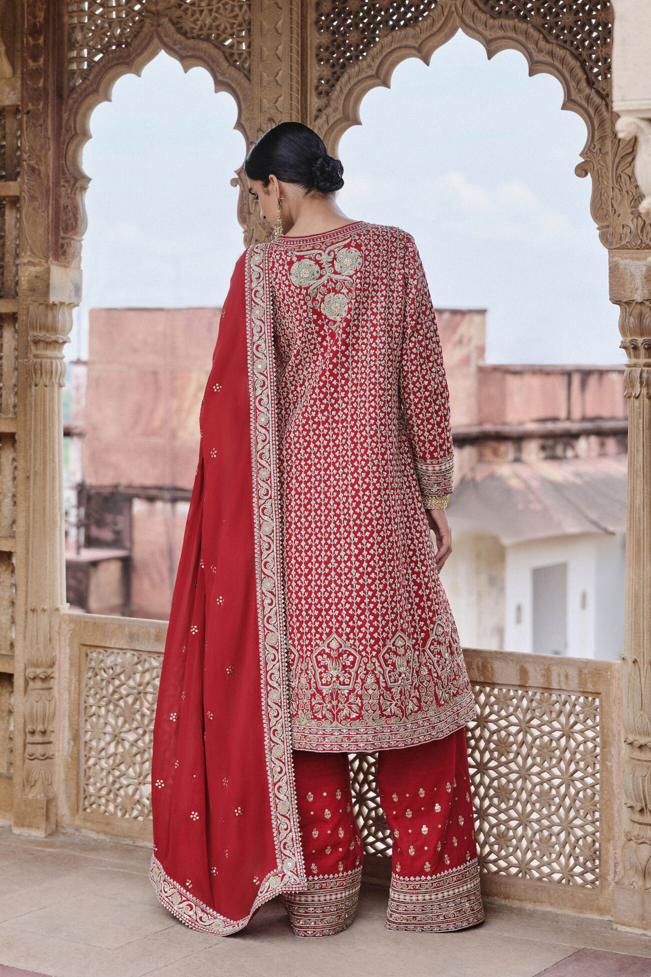 Mehkash Embroidered Cord Silk Suit Set - Red, Red, image 2