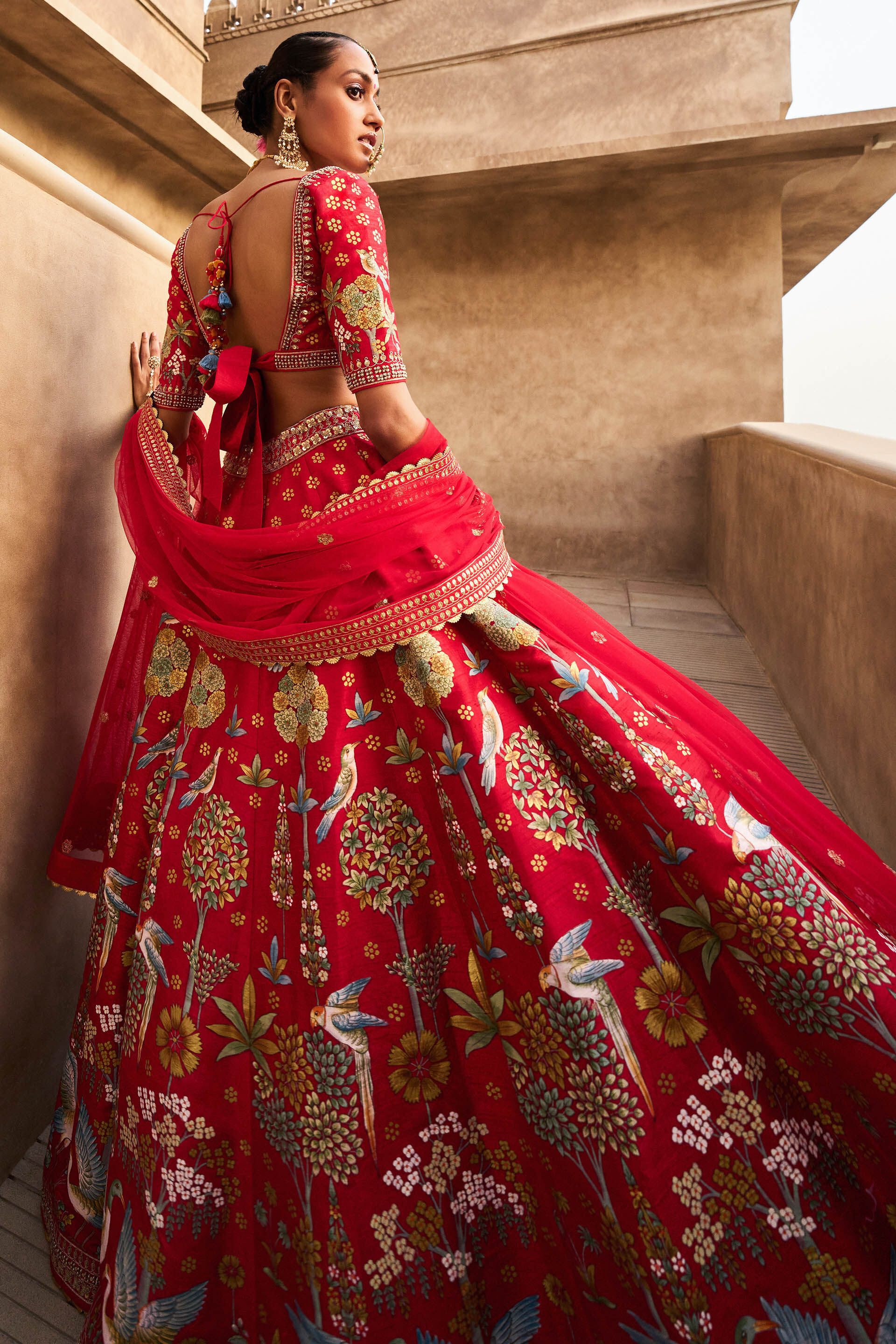 Gold bridal Lehenga with red shawl – Ricco India