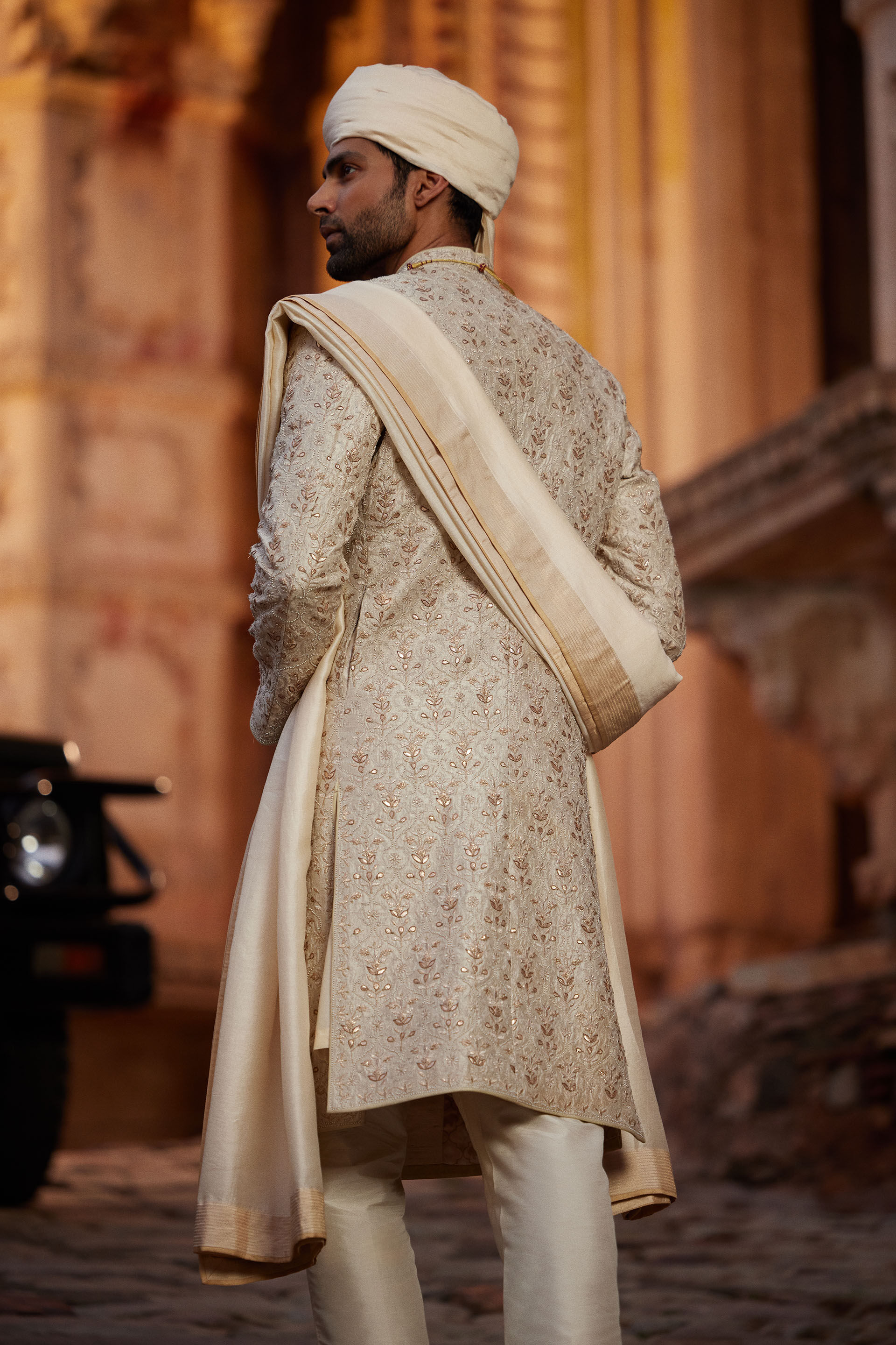 Devarsh Gota Patti &amp; Aari Silk Sherwani - Ivory