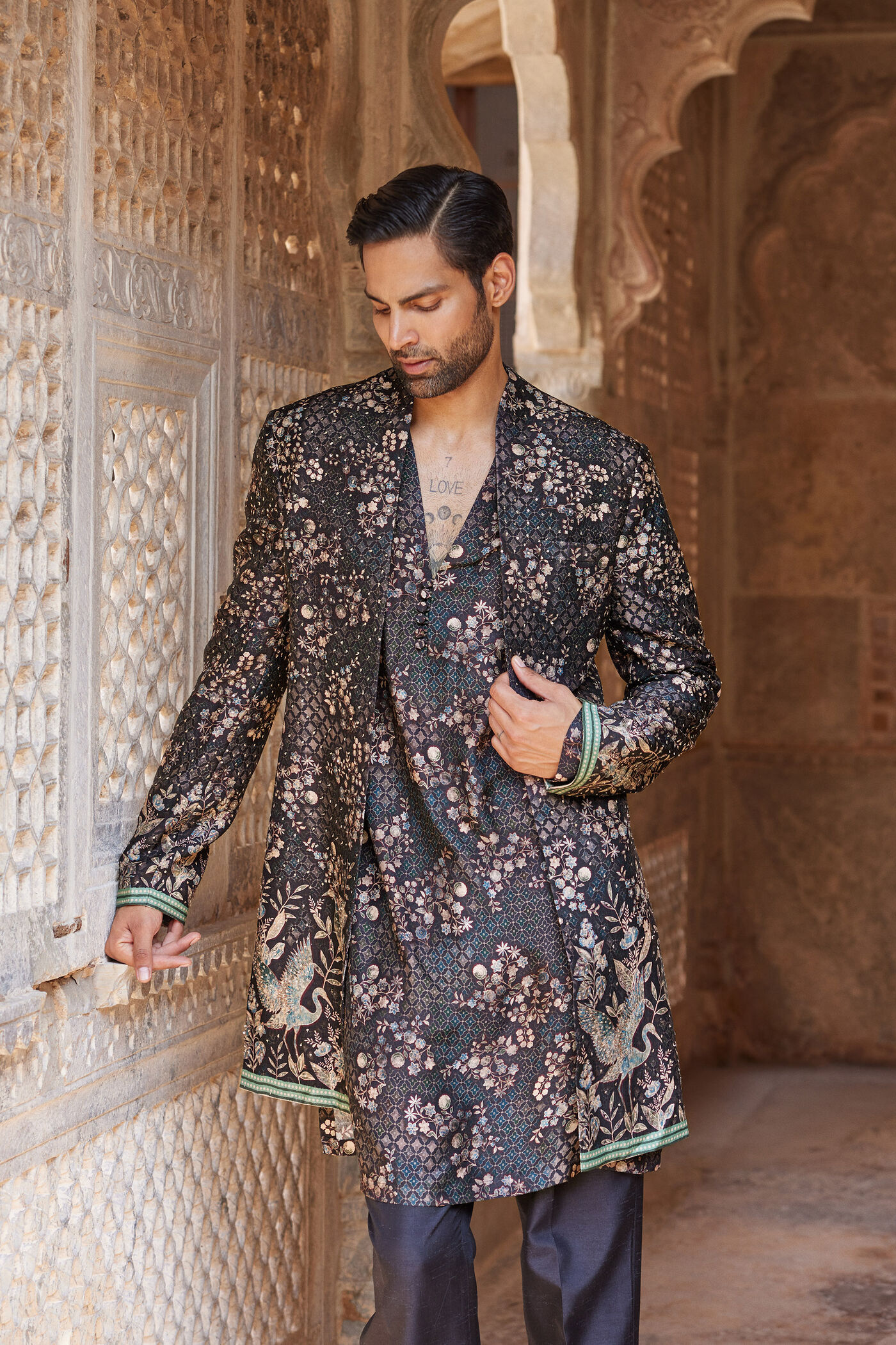 Rukham Printed Sherwani - Black