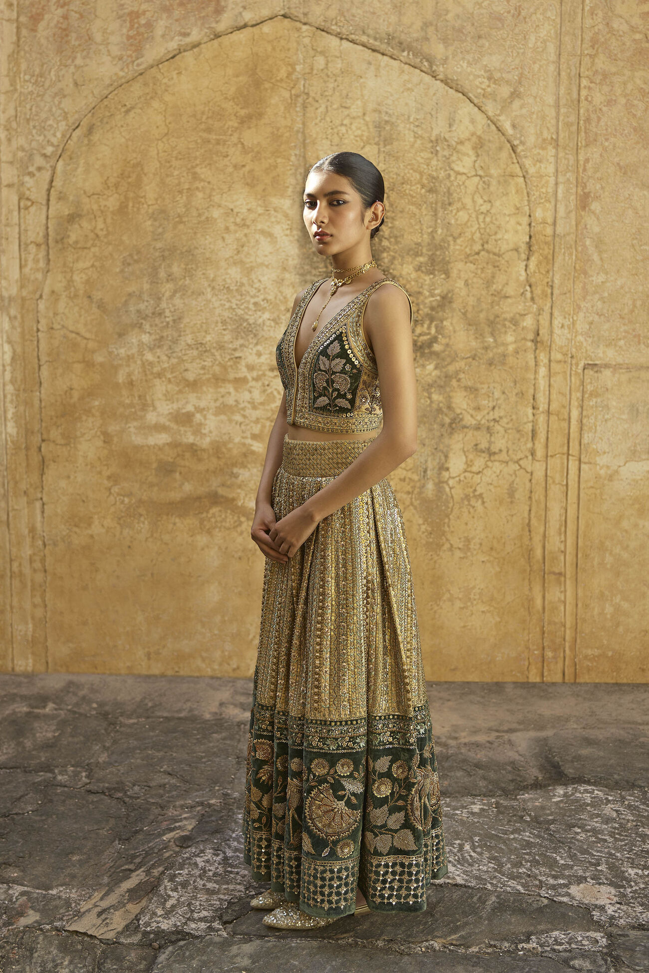 Heart of The Forest Embroidered Zardozi Skirt Set - Gold, Gold, image 5