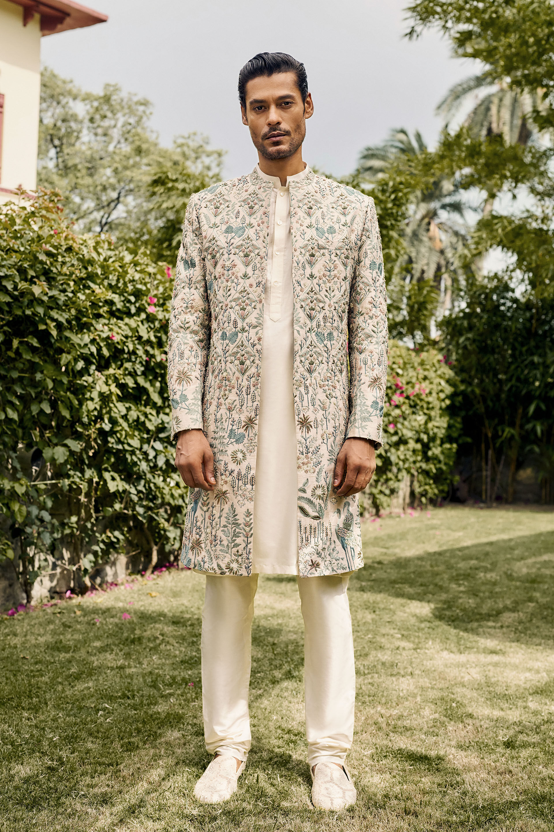 Almir Aari Embroidered Silk Sherwani - Champagne