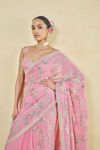Dianthus Embroidered Georgette Saree - Pink, Pink, image 4
