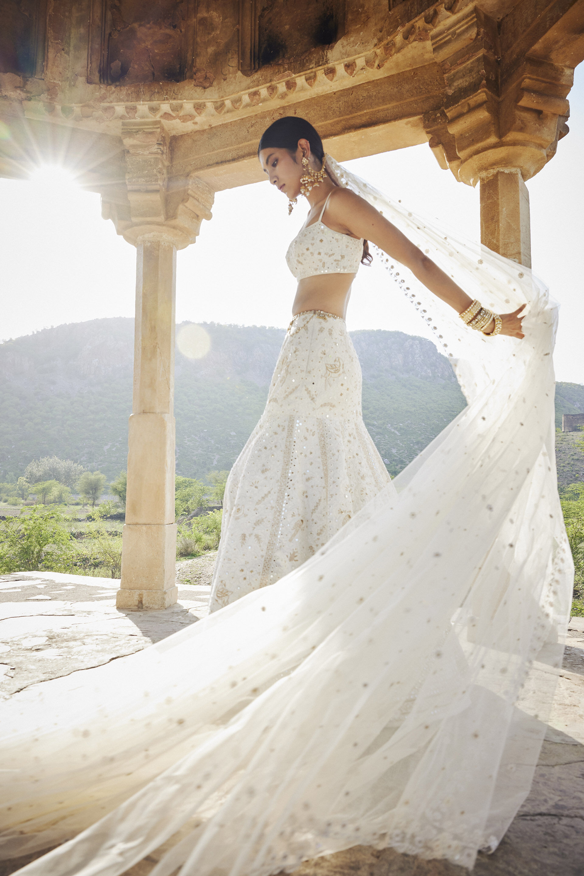 Nayaab Mirror & Zardozi Silk Skirt Set - Ivory, Ivory, image 5