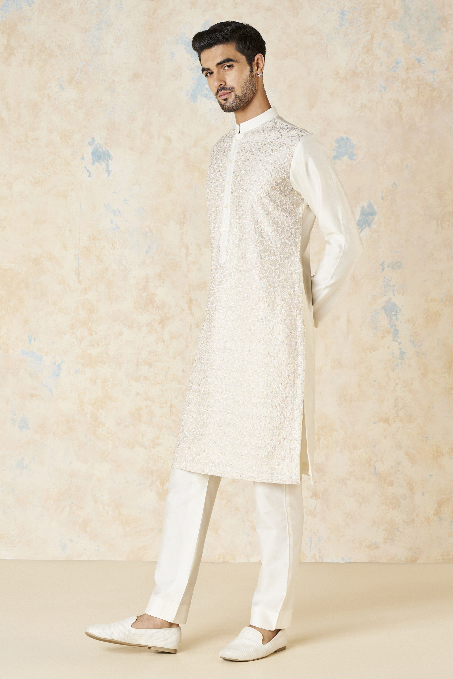 Adhikrit Embroidered Silk Kurta - White, White, image 4