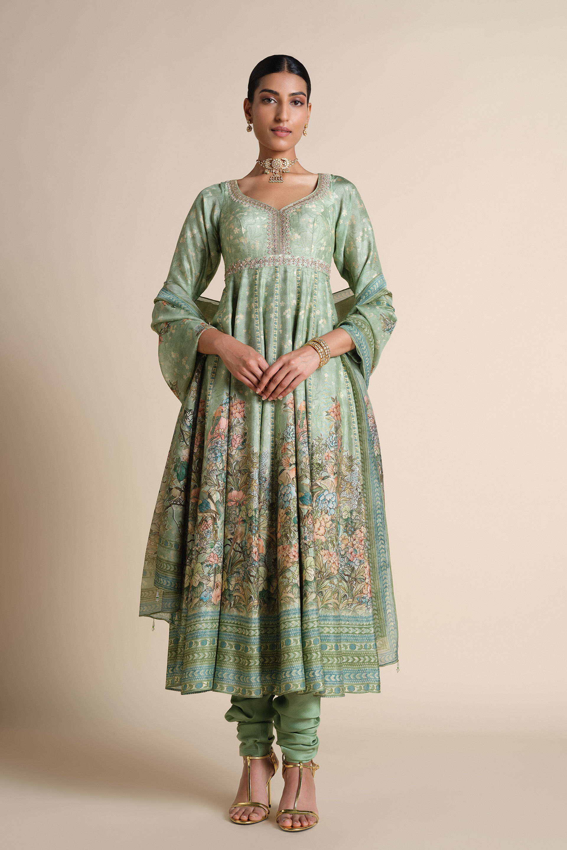 Tayma Silk Anarkali Set - Sage