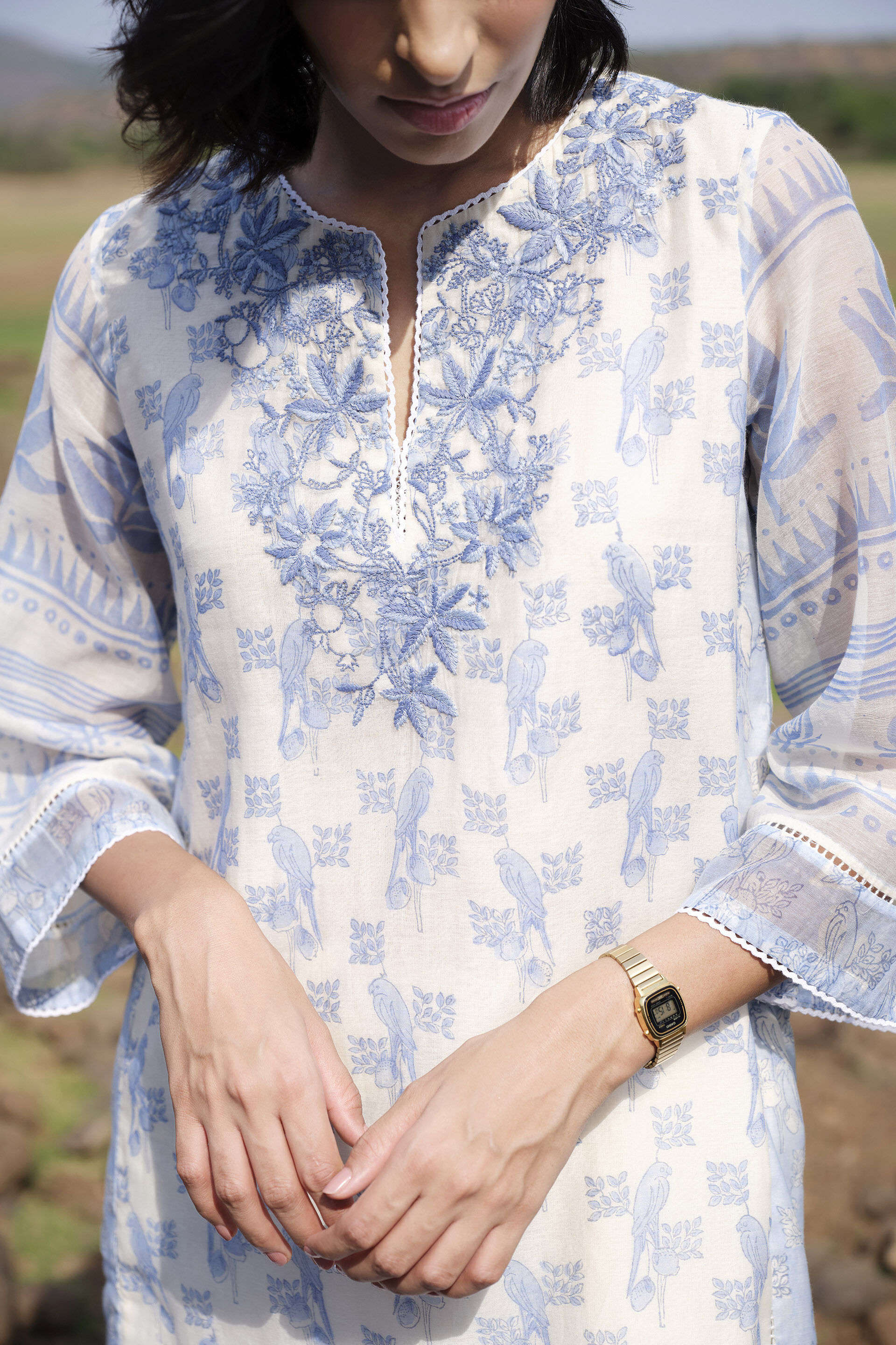 Aves Hand-embroidered Kantha Mul Kurta Set - Blue, White, image 6