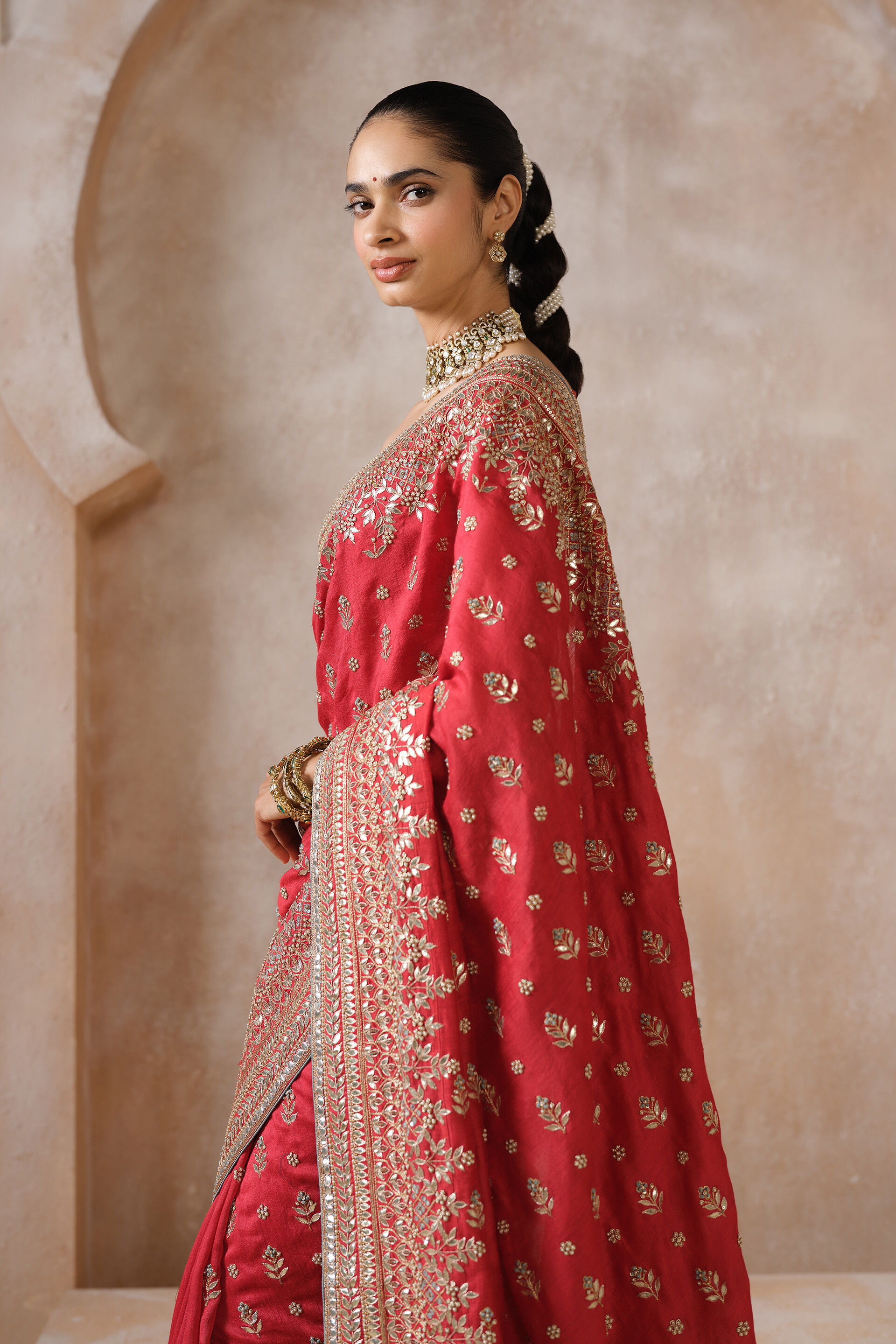 Manjara Gota Patti Silk Saree - Red, Red, image 5