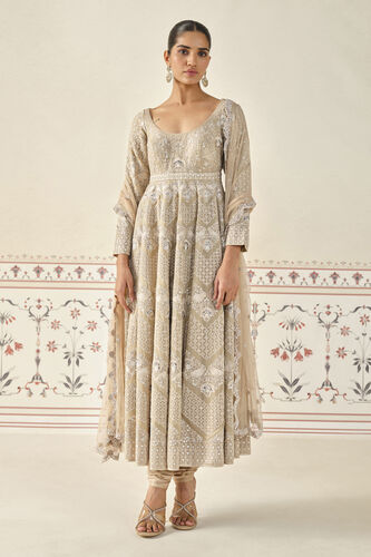 Rafah Embroidered Anarkali Set - Nude, Beige, image 1