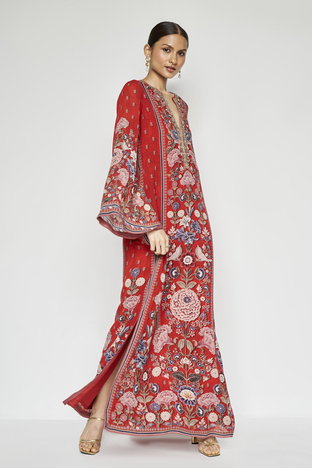 Alhambra Zardozi Embroidered Silk Kaftan - Red, Red, image 3