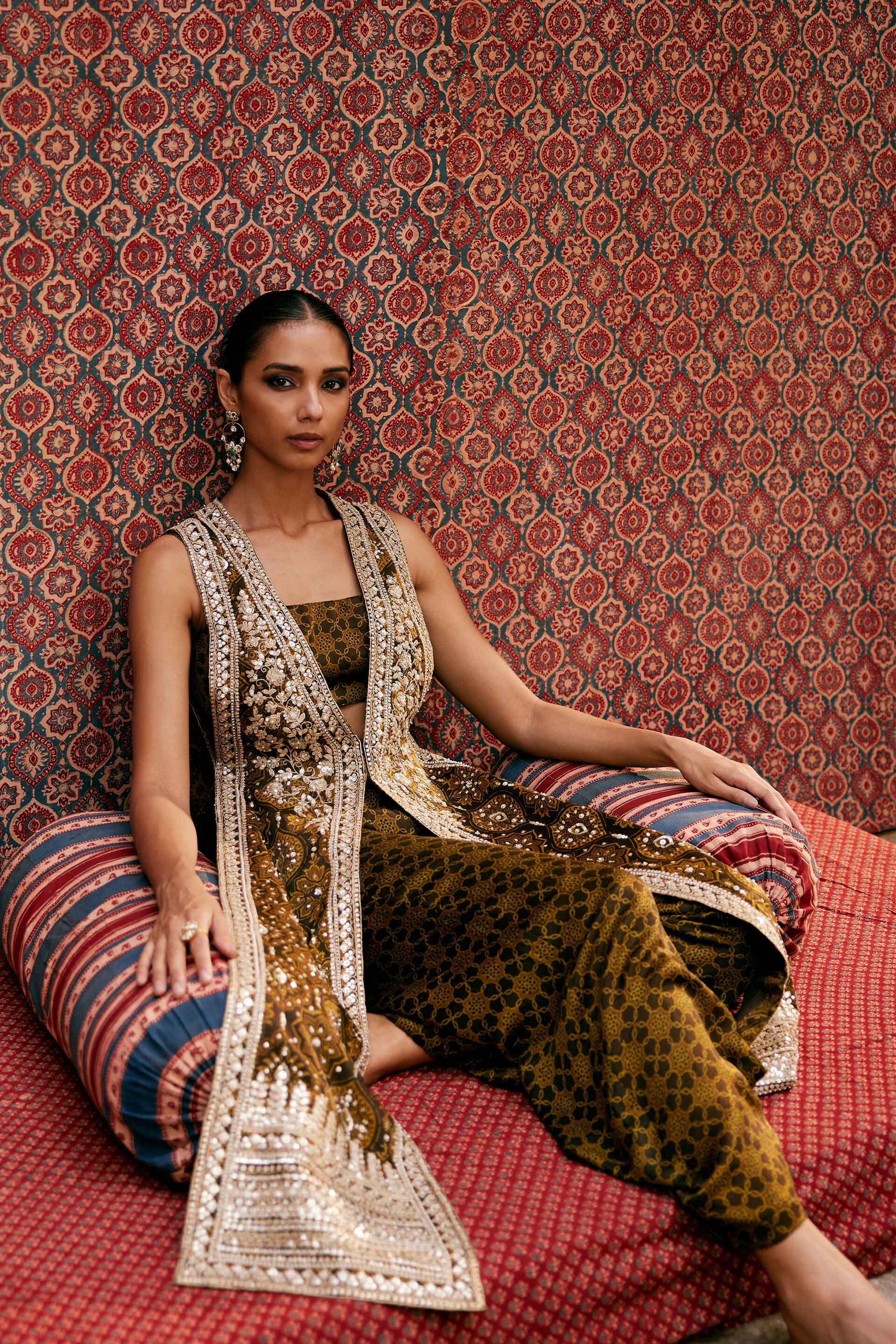 Souheir Ajrakh Hand-block Printed Silk Tabard Set - Olive, Olive, image 3