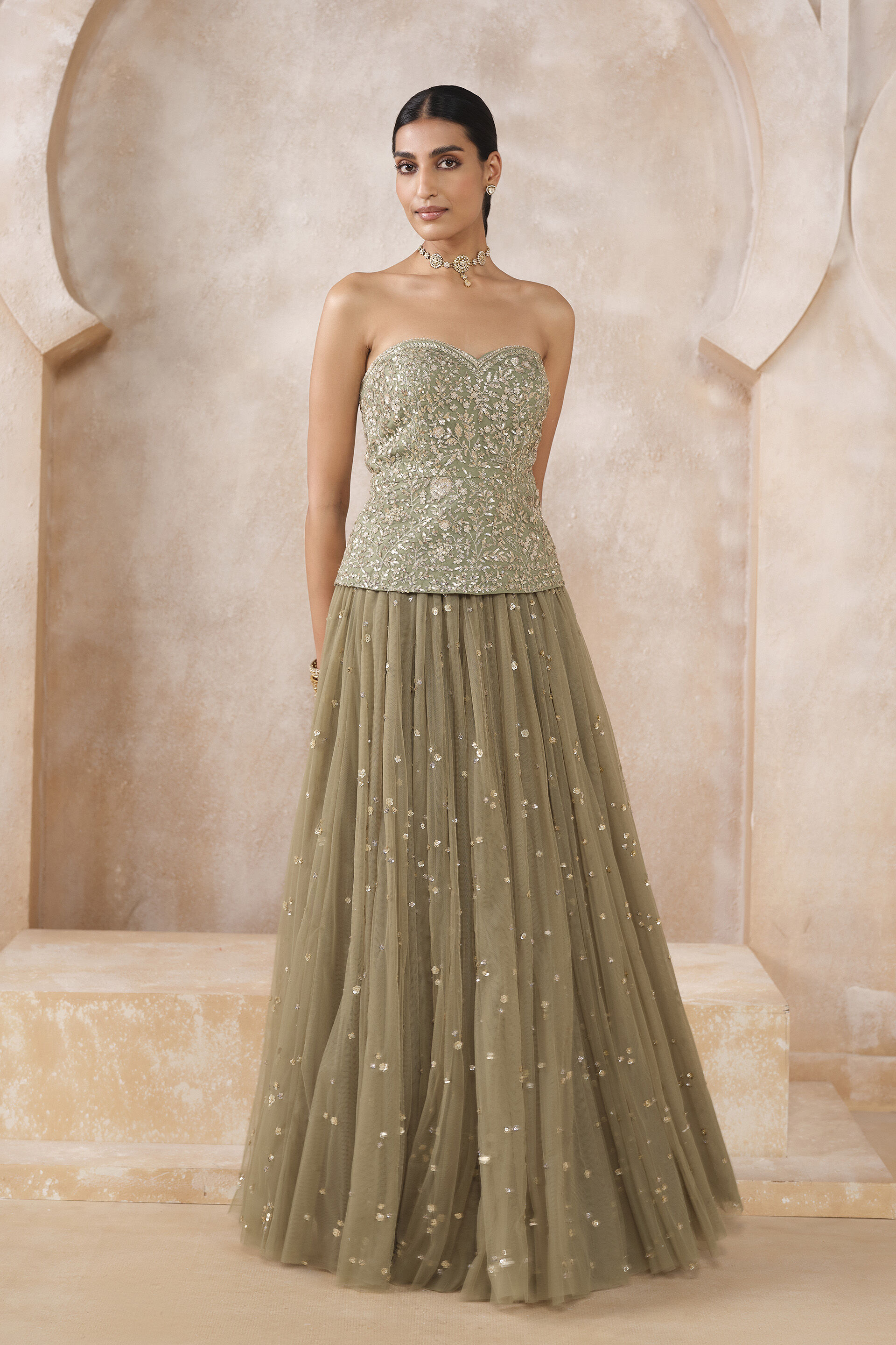 Ishra Gota PattI Skirt Set - Sage Green