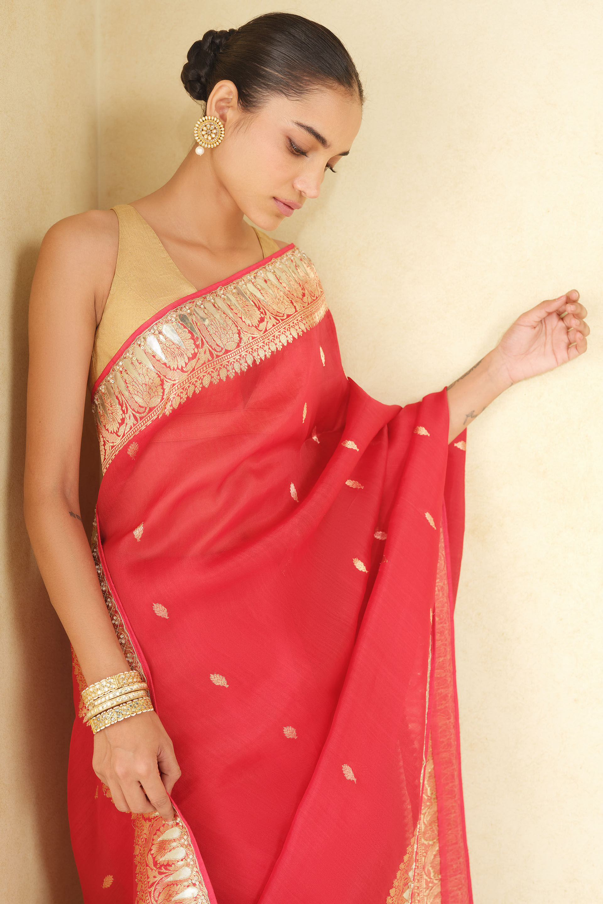 Ulka Handwoven Benarasi Saree Set - Red, Red, image 4