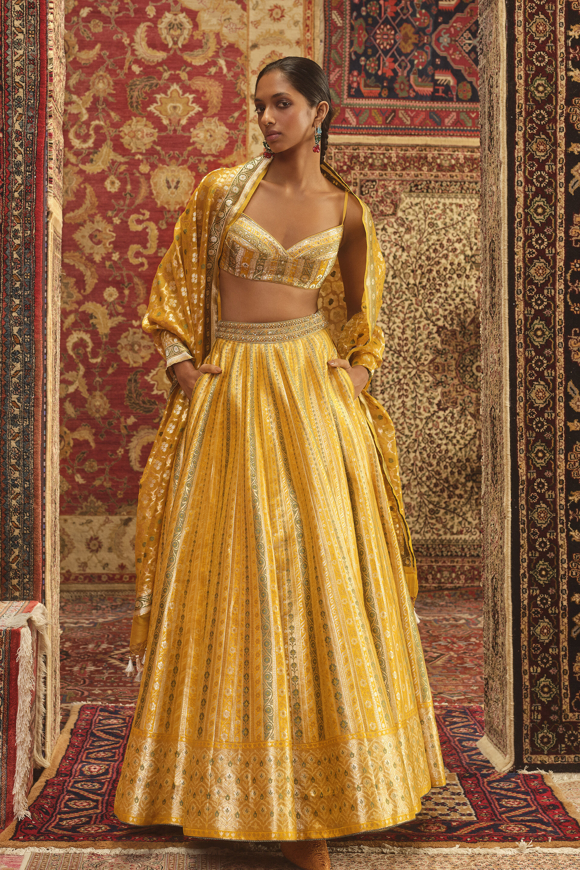 Garvi Handwoven Benarasi Silk Lehenga Set - Yellow