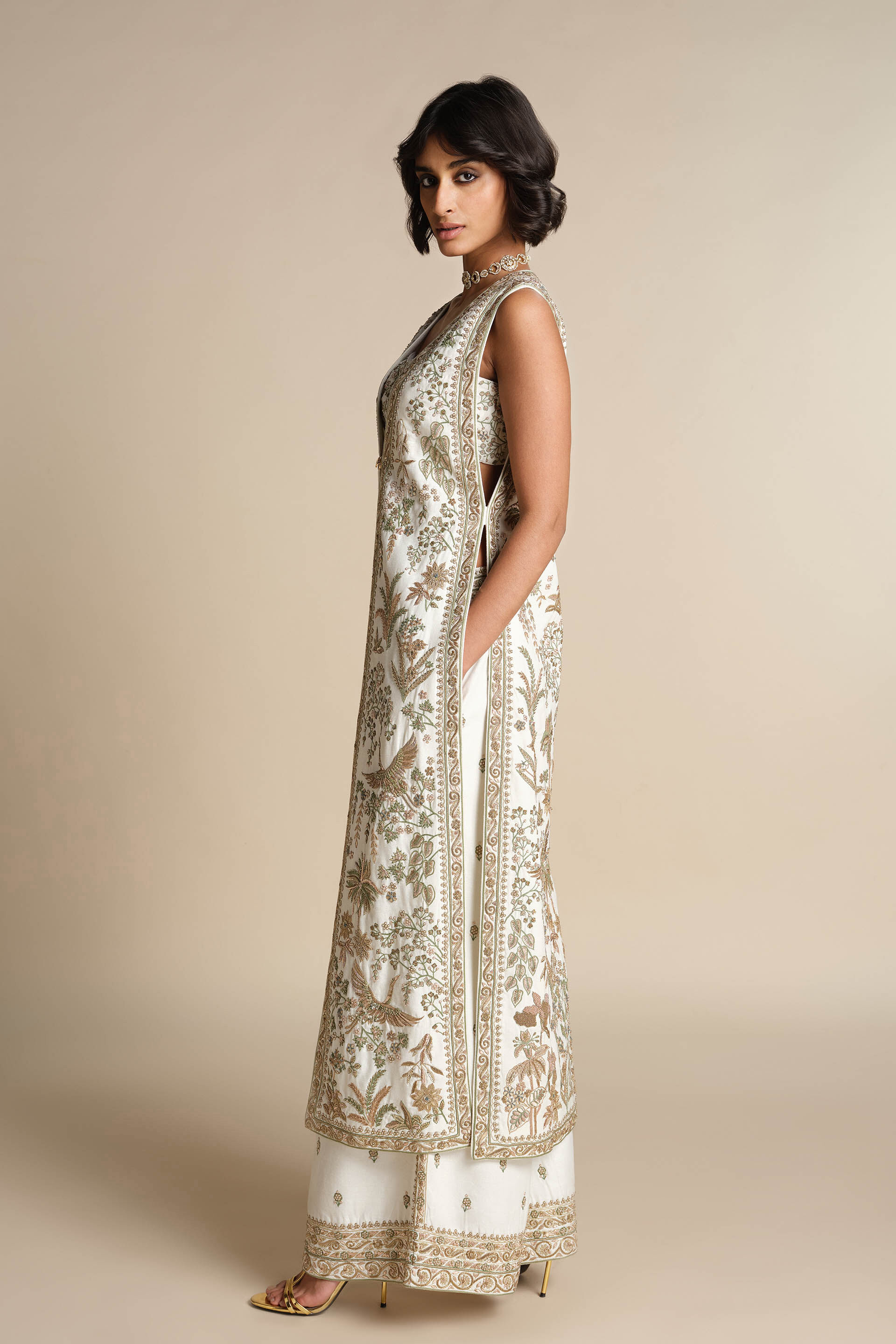 Aralai Embroidered Zardozi Silk Jacket Set - White, Cream, image 3