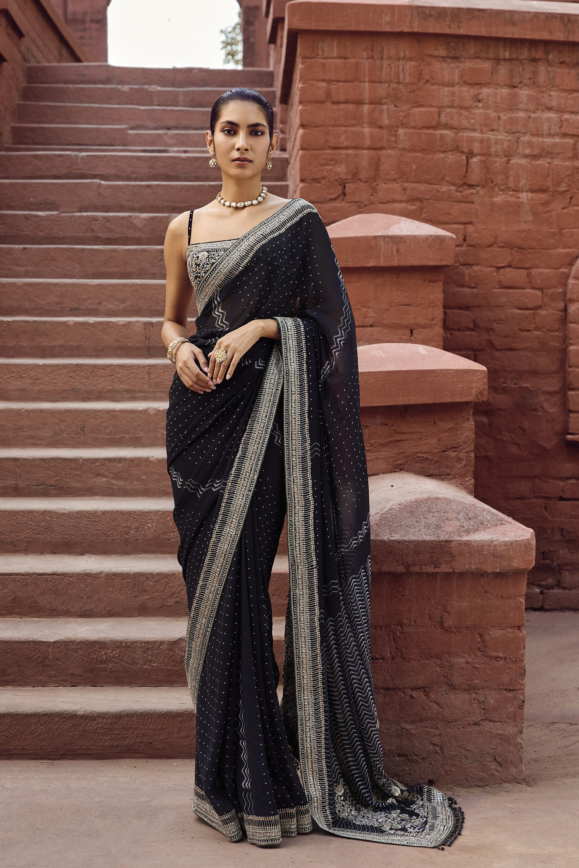Afruza Embroidered Georgette Saree - Black