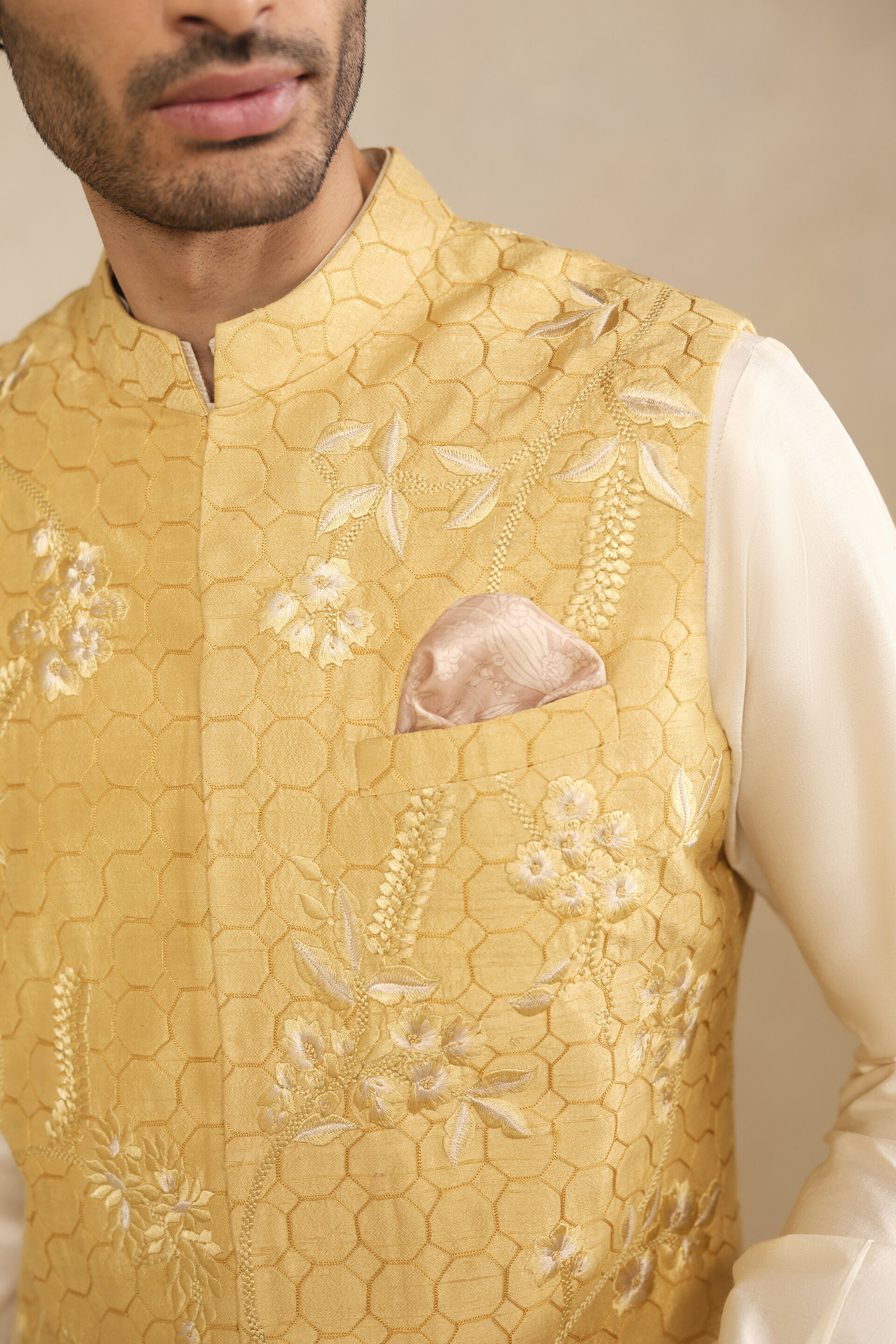 Omar Embroidered Silk Nehru Jacket - Mustard, Mustard, image 5