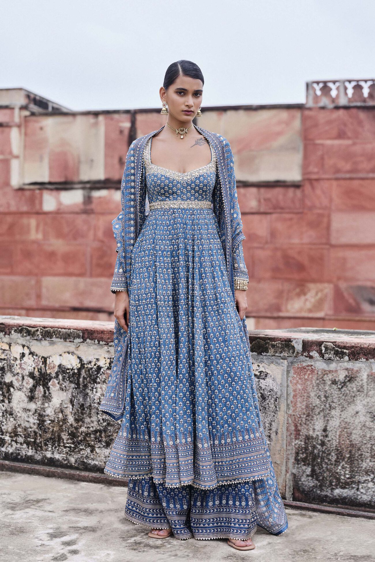 Abjini Printed Mul Anarkali Set - Blue, Blue, image 1