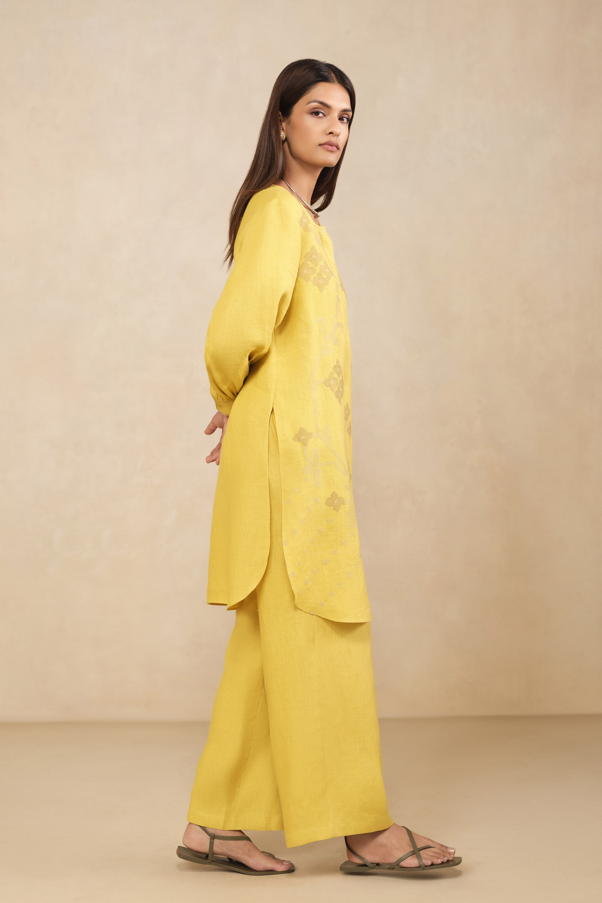 Haiku Embroidered Hemp Kurta Set - Yellow, Yellow, image 3