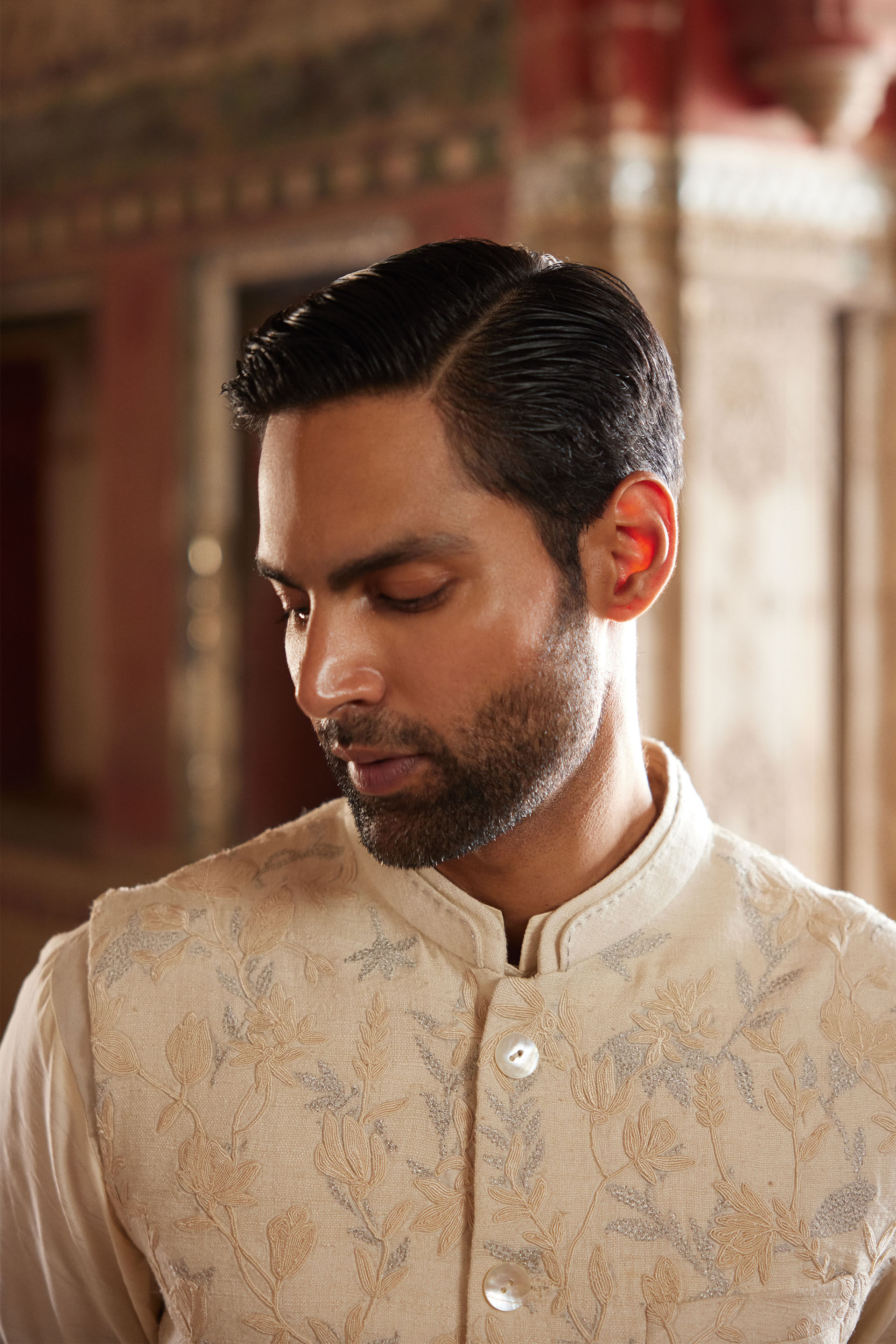 Aaman Embroidered Cord Silk Nehru Jacket Ivory