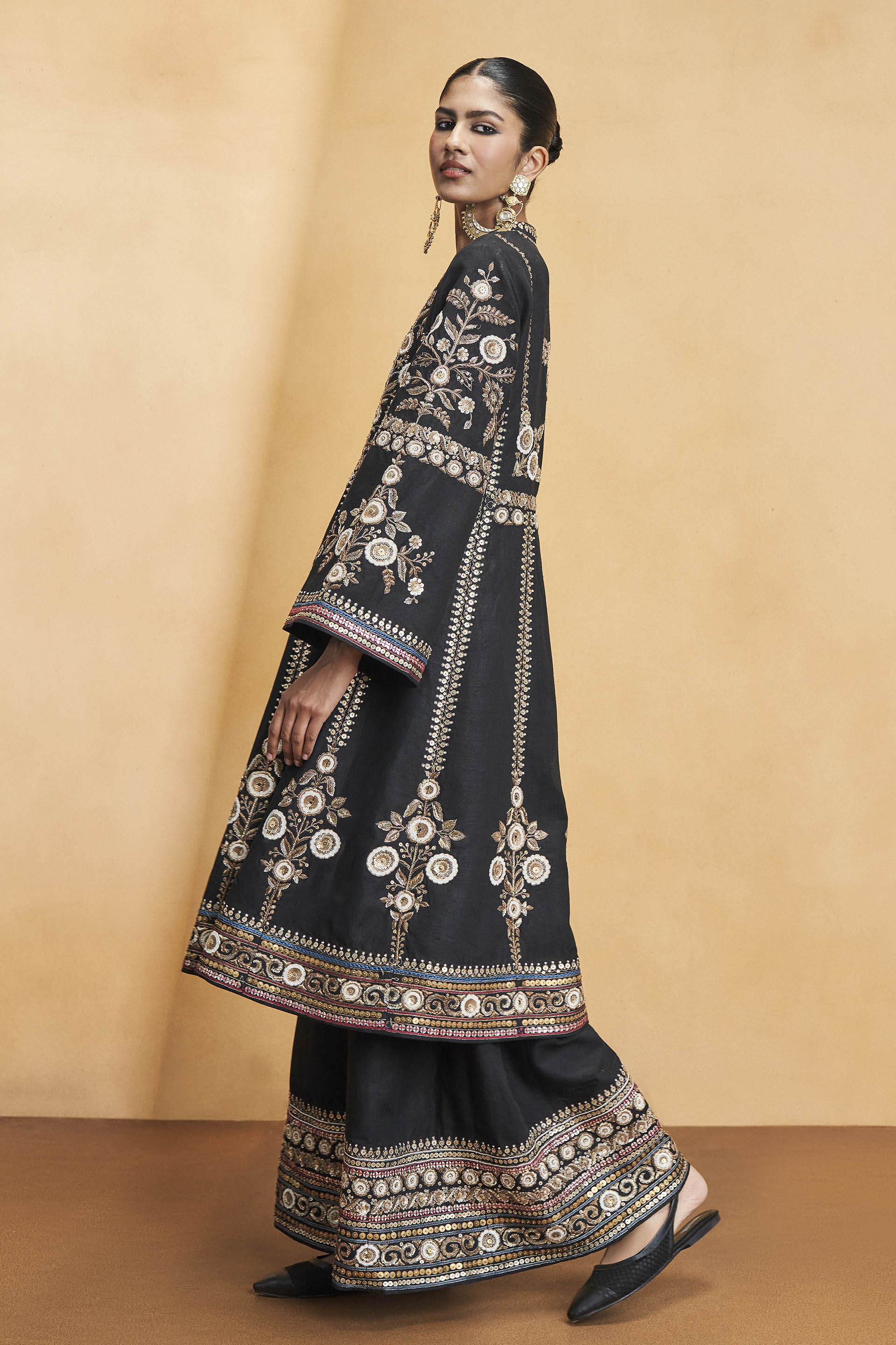 Flowers Of The Forest Embroidered Zardozi Silk Kurta Set - Black, Black, image 2