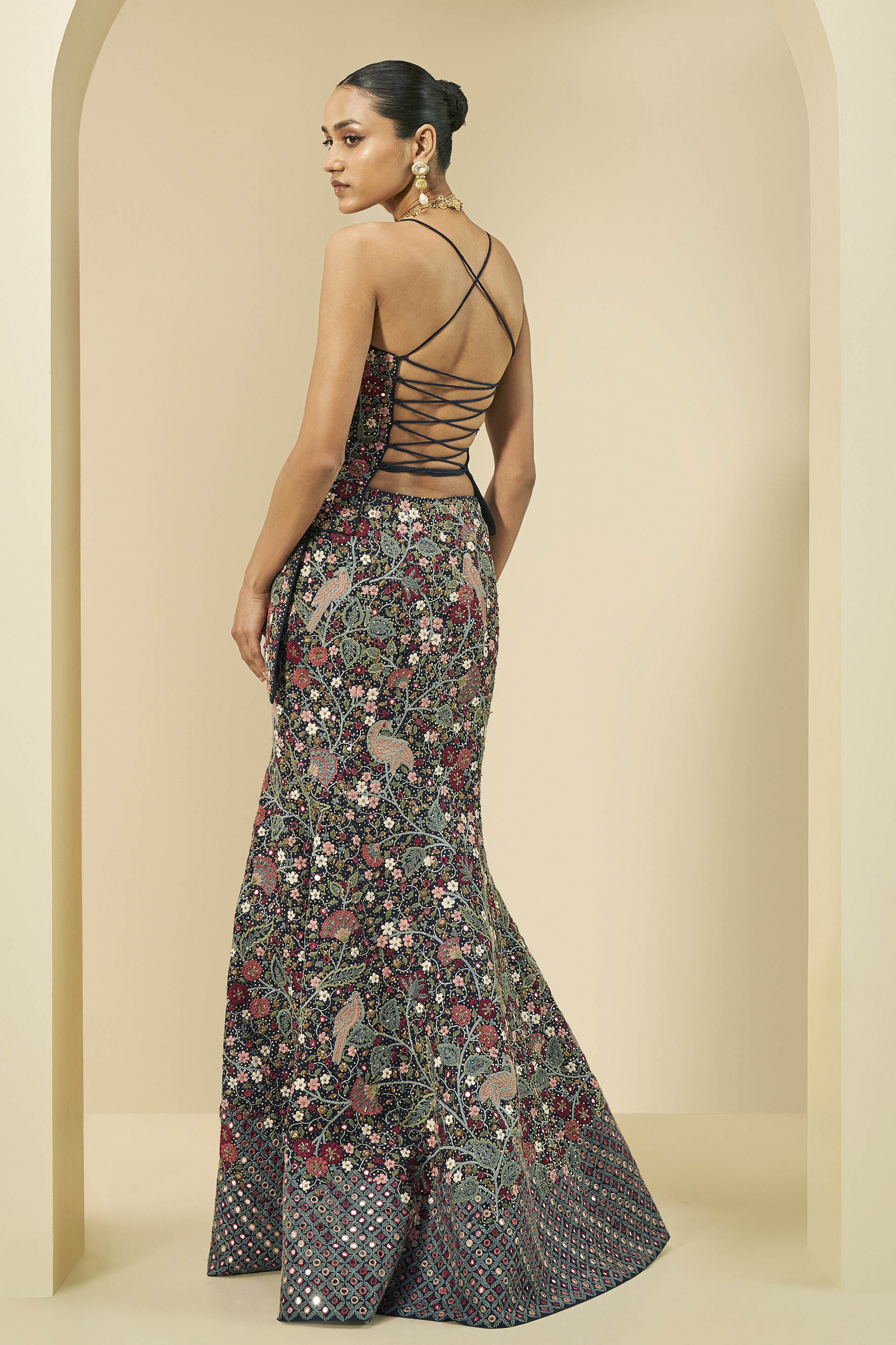 Symphony Of The Wilderness Mirror & Zardozi Silk Skirt Set - Navy, Navy, image 2