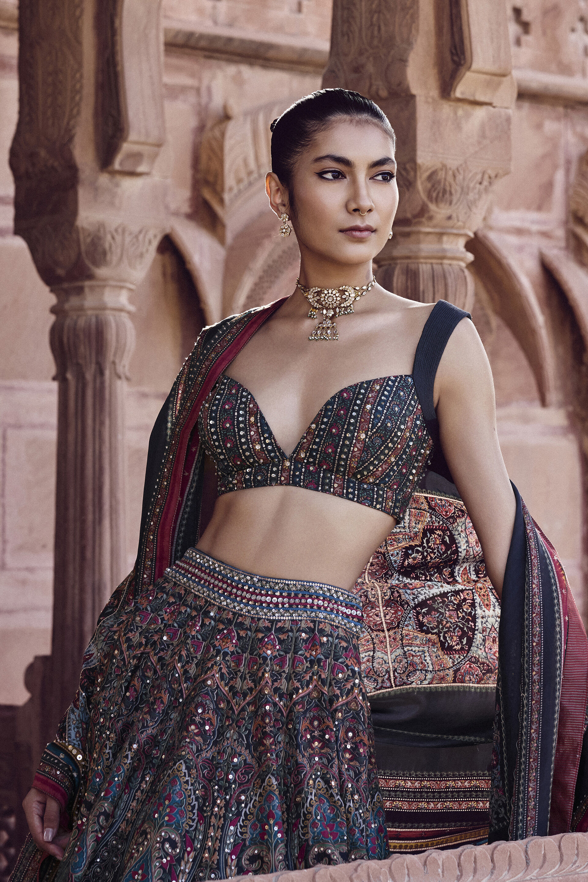 Nameera Embroidered Silk Lehenga Set - Black, Black, image 3