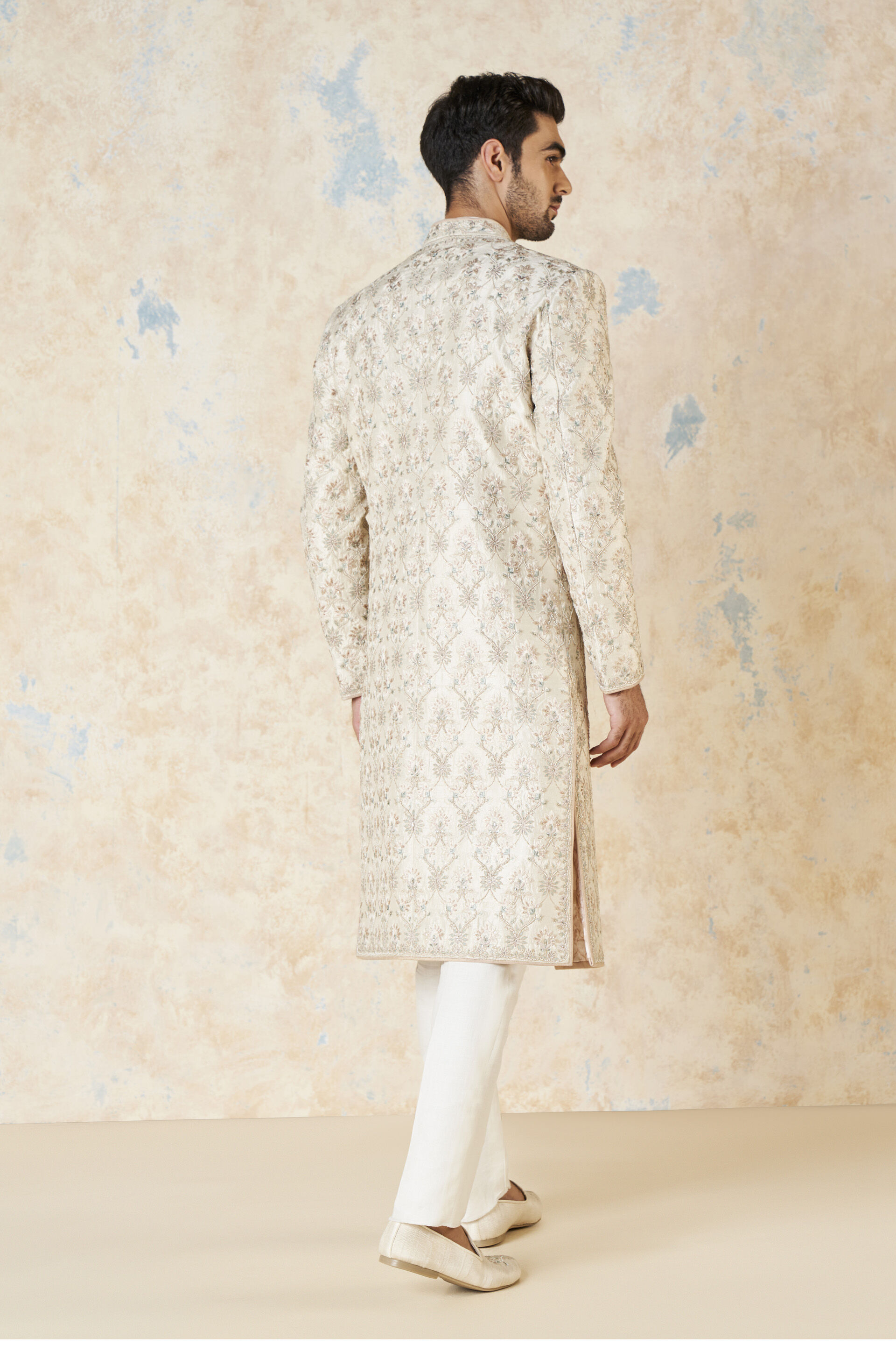 Aasvik Embroidered Silk Sherwani - Ivory, Ivory, image 3