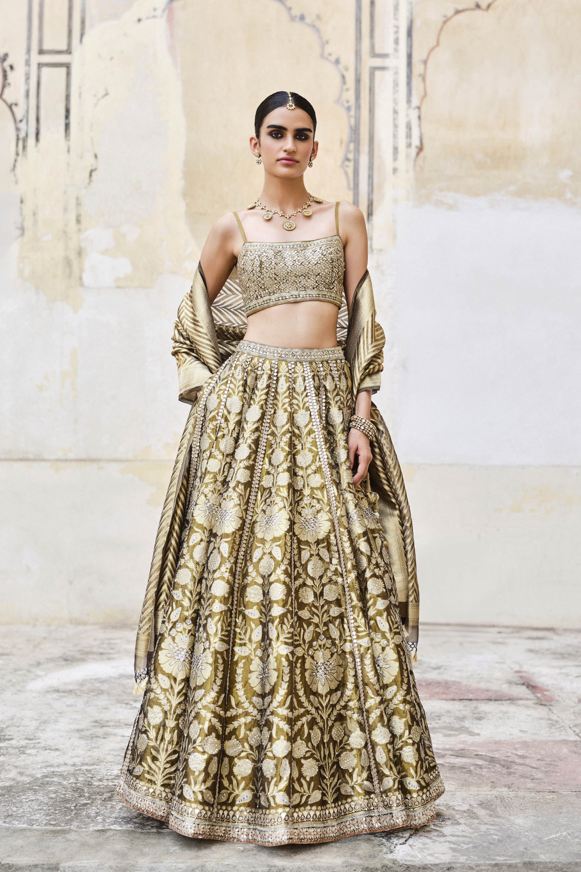 Adveka Handwoven Benarasi Silk Lehenga Set Olive