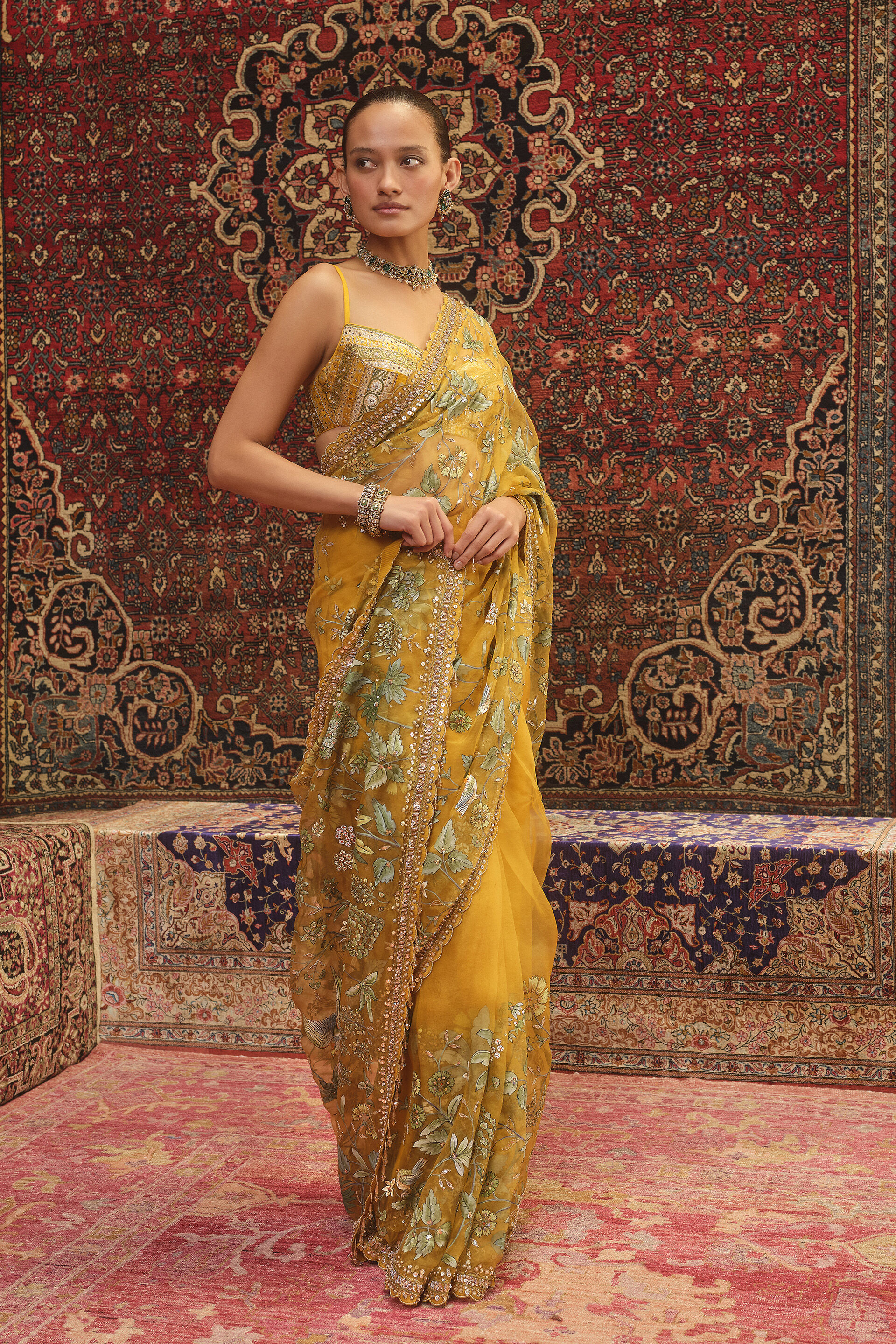 Nisarga Hand-painted Pichhwai Silk Saree - Mustard