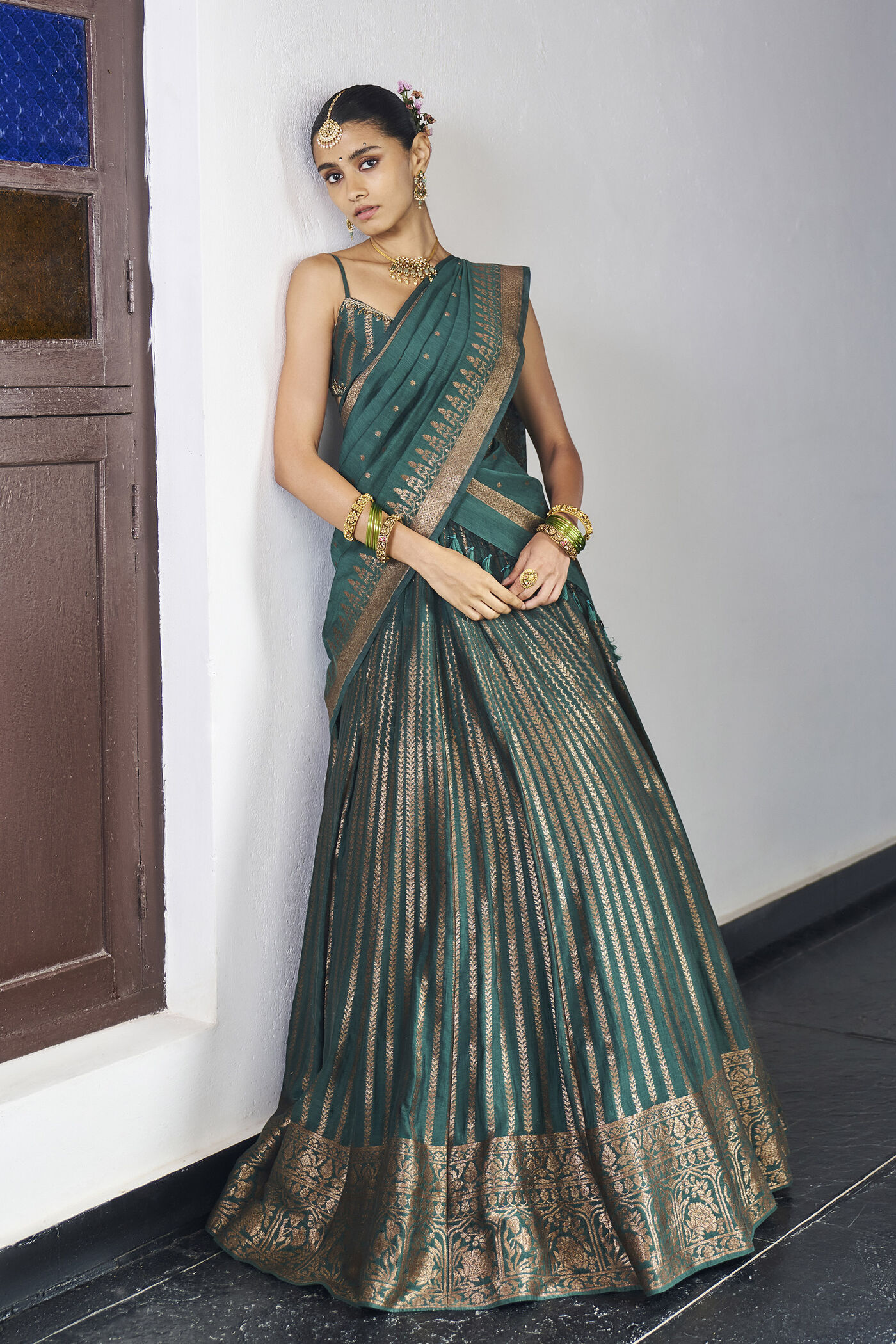 Anuraaga Benarasi Mul Lehenga Set - Green