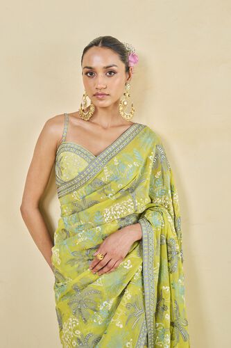 Tropical Paradise Embroidered Georgette Saree - Lime, Lime, image 4