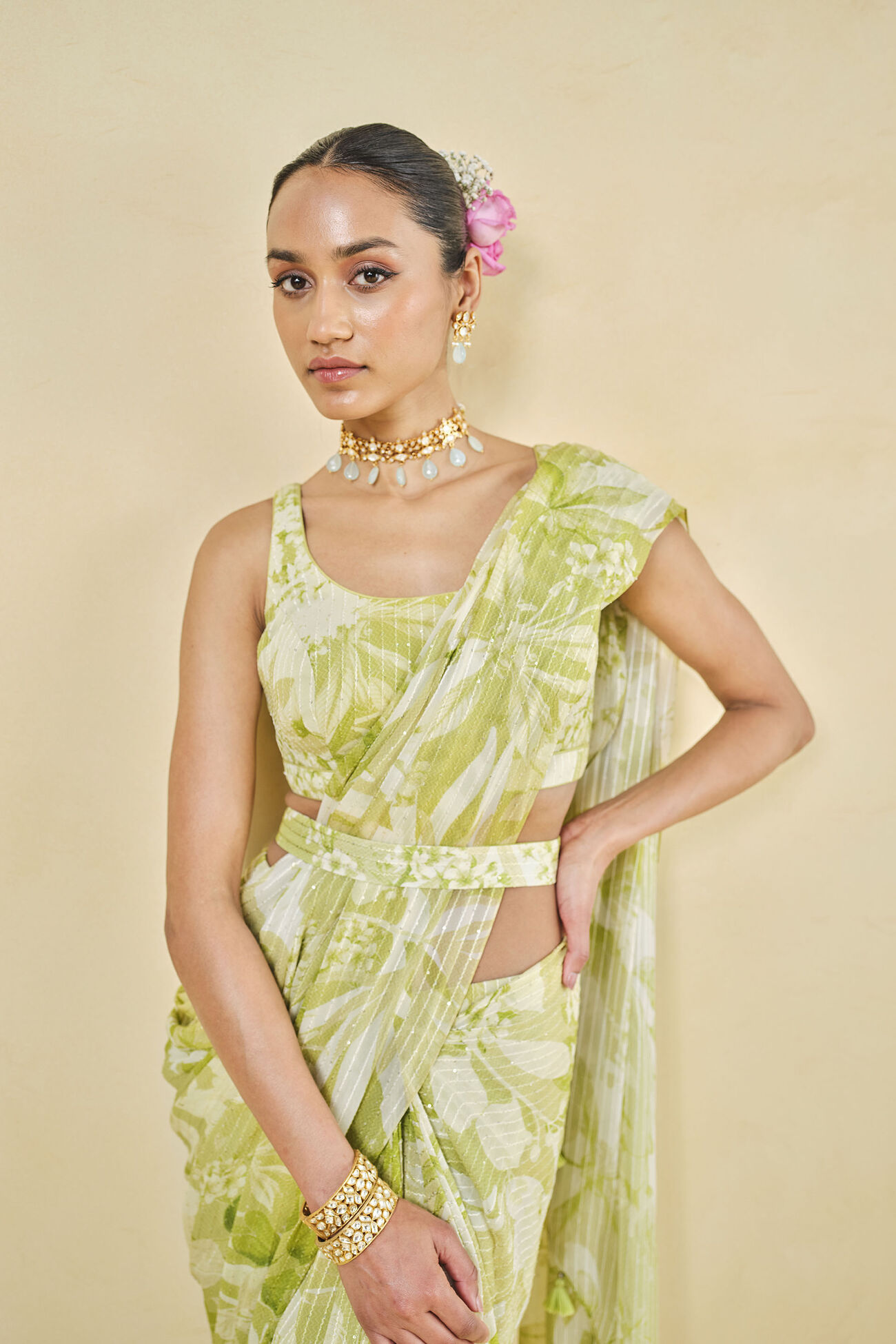 From The Tropics Georgette Pre-draped Saree - Lime, Lime, image 5