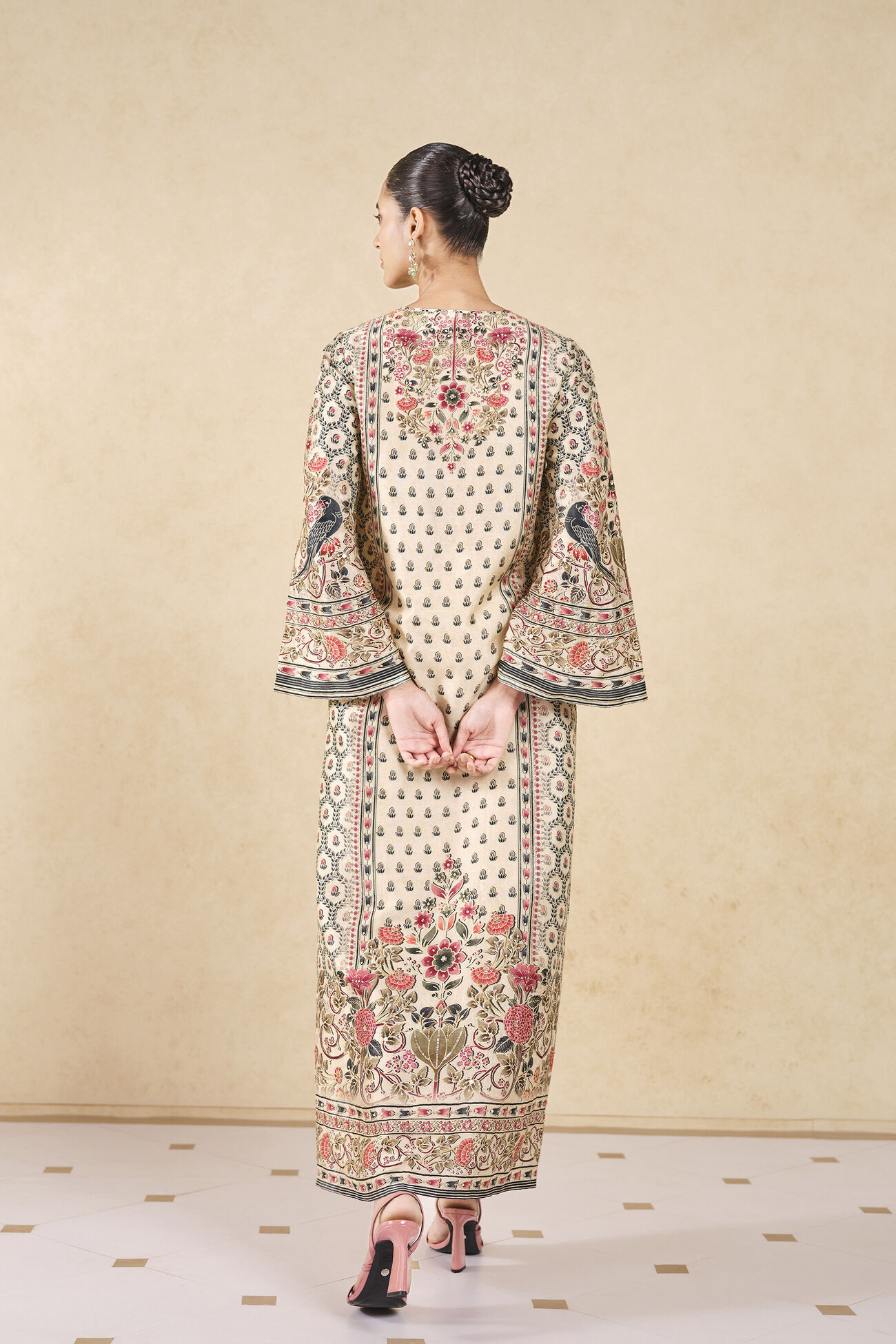 Sahra Printed Silk Kaftan, Ivory, image 2