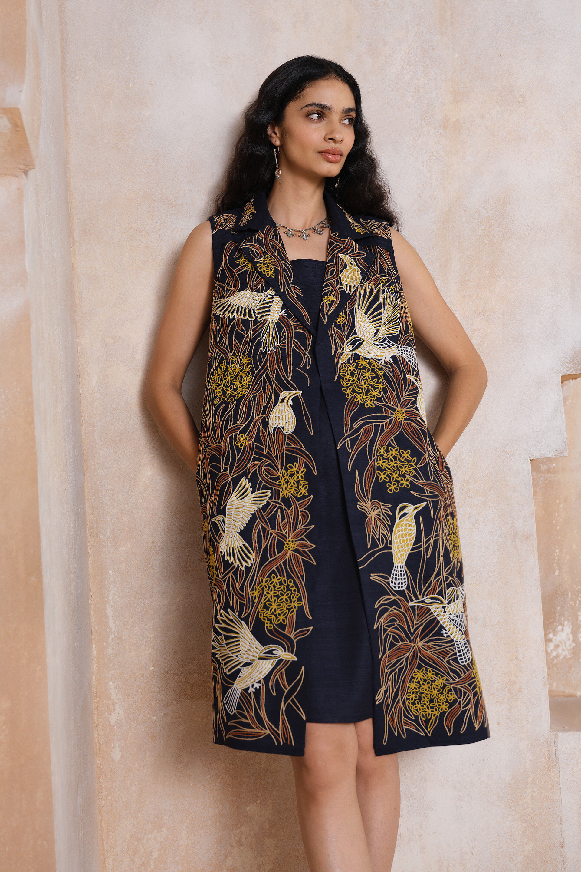 Chiyako Hand-embroidered SEWA Silk Jacket Set - Navy, Navy, image 6