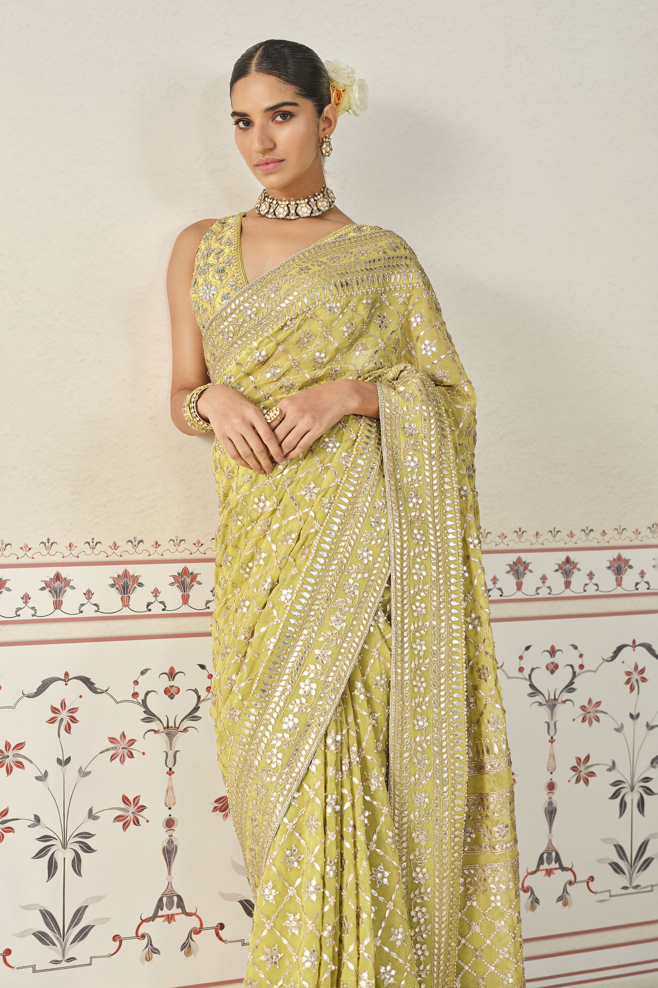 Tajanae Gota Patti Saree - Blush, Lime, image 4