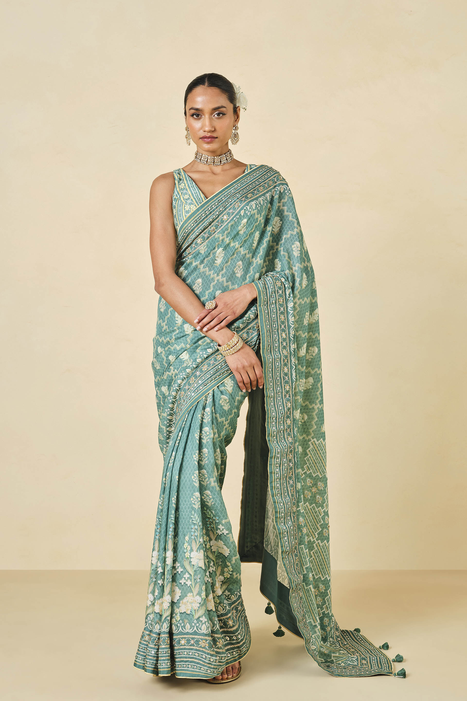 Avonmora Printed Saree - Sage, Sage, image 1