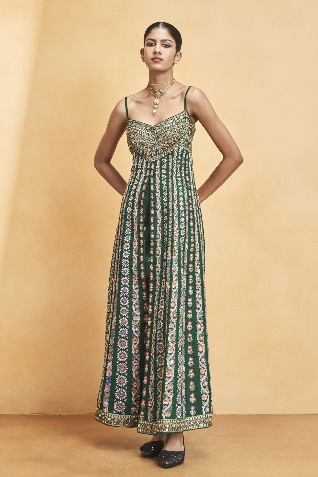 Sounds Of The Forest SEWA Hand-embroidered Silk Dress, Green, image 1