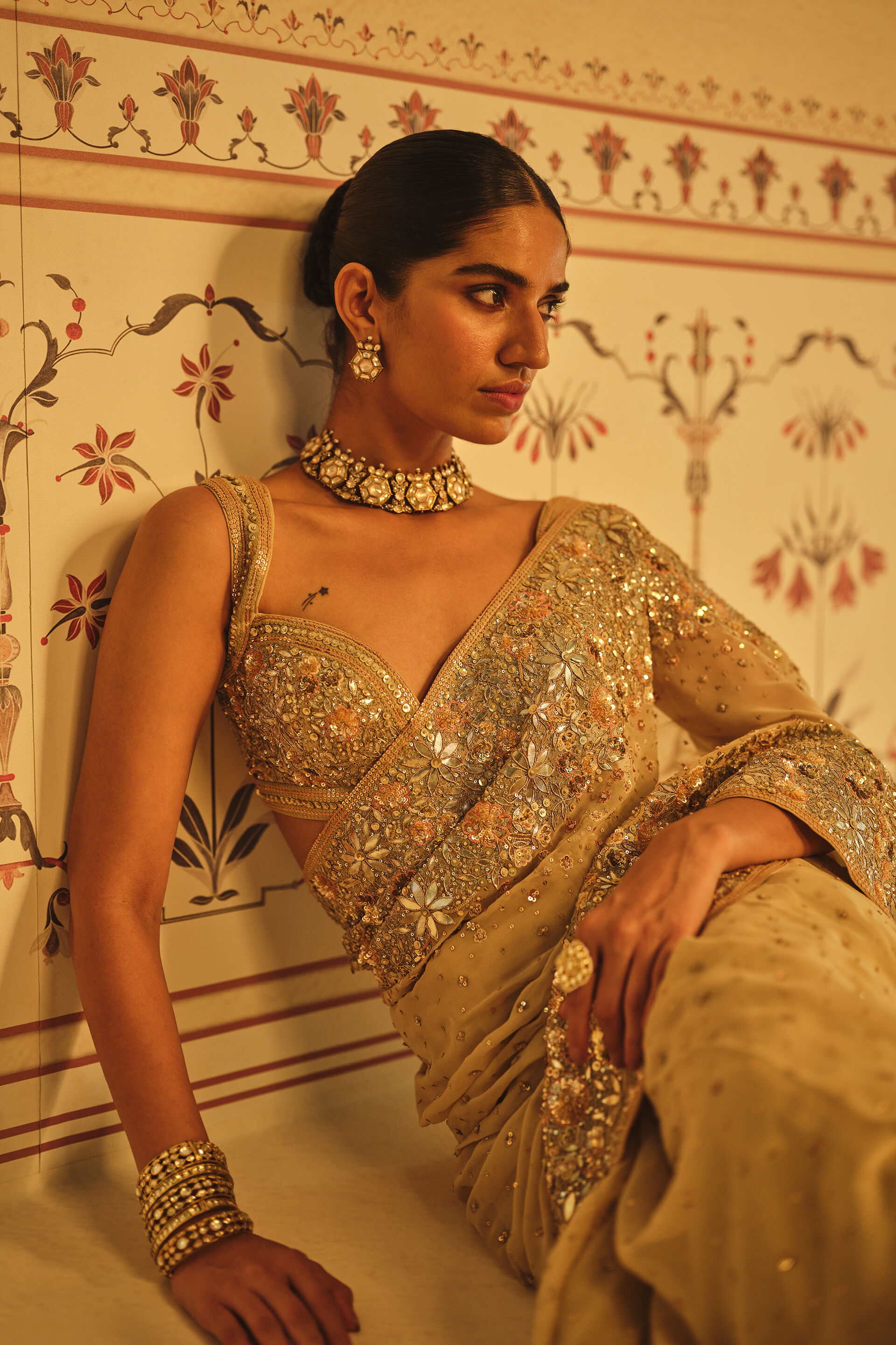 Nabanita Gota Patti Georgette Saree - Flesh, Beige, image 8