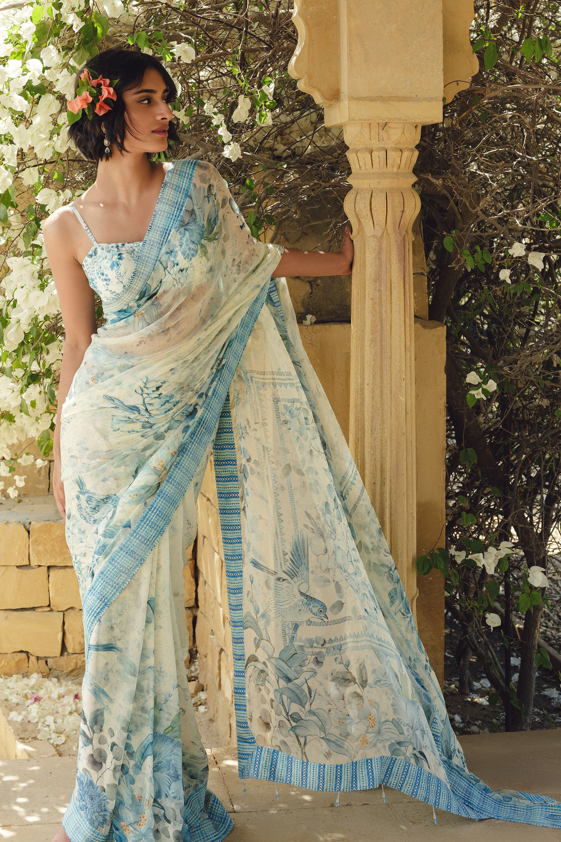 Idalia Printed Chiffon Saree - Blue