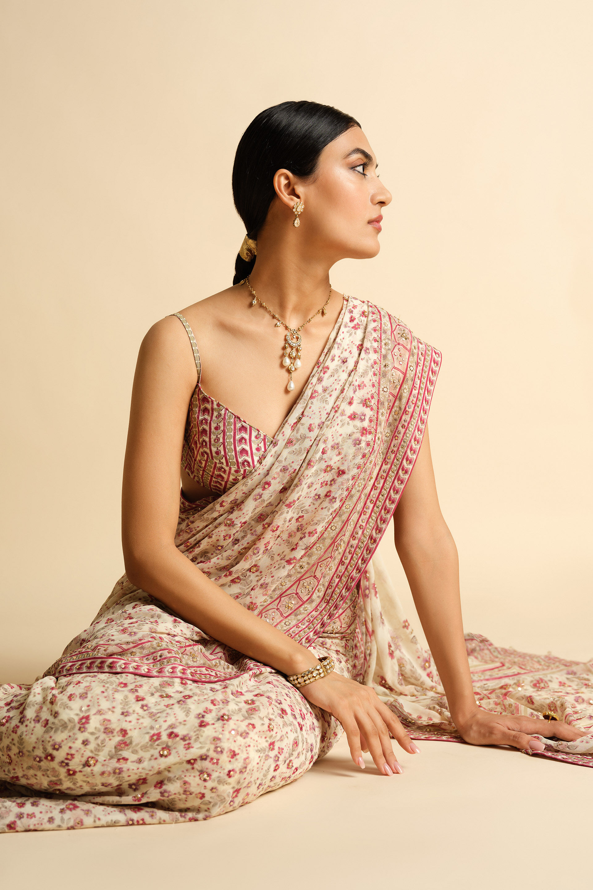 Sirvani Sequin Georgette Saree - Creme, Cream, image 3