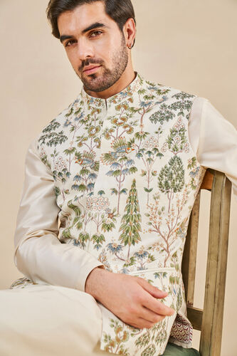Nalesh Hand-painted Pichhwai Silk Nehru Jacket, Off White, image 7
