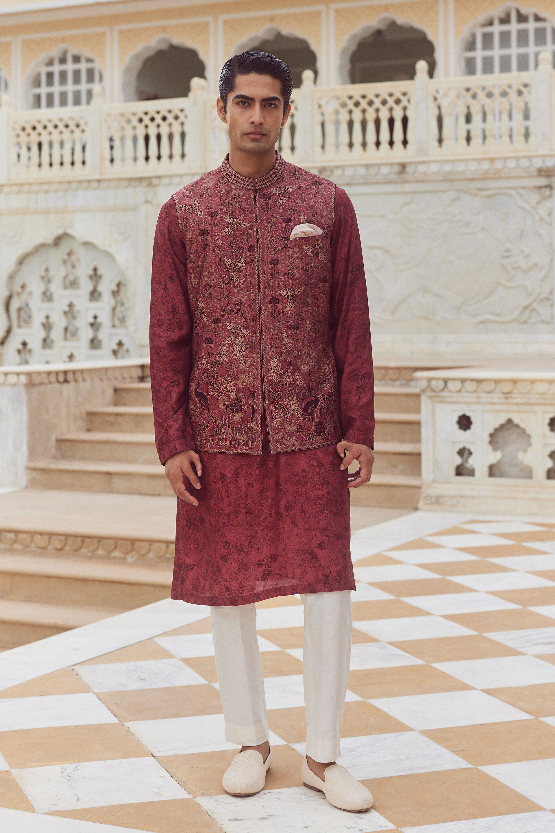 Jalaj Silk Nehru Jacket - Wine