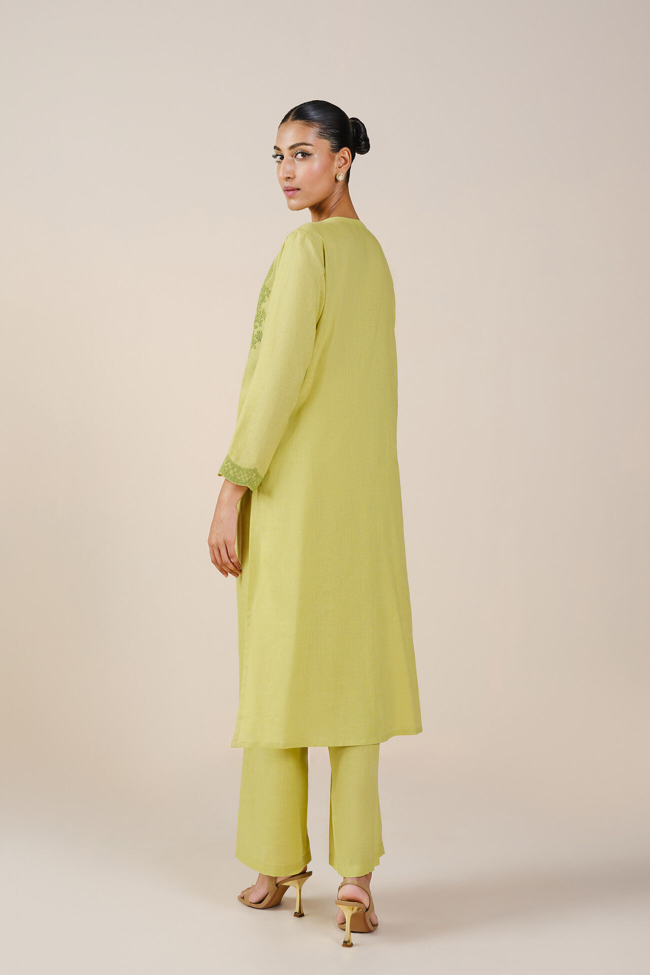 Lauryn Embroidered Linen Kurta Set - Lime, Lime, image 3