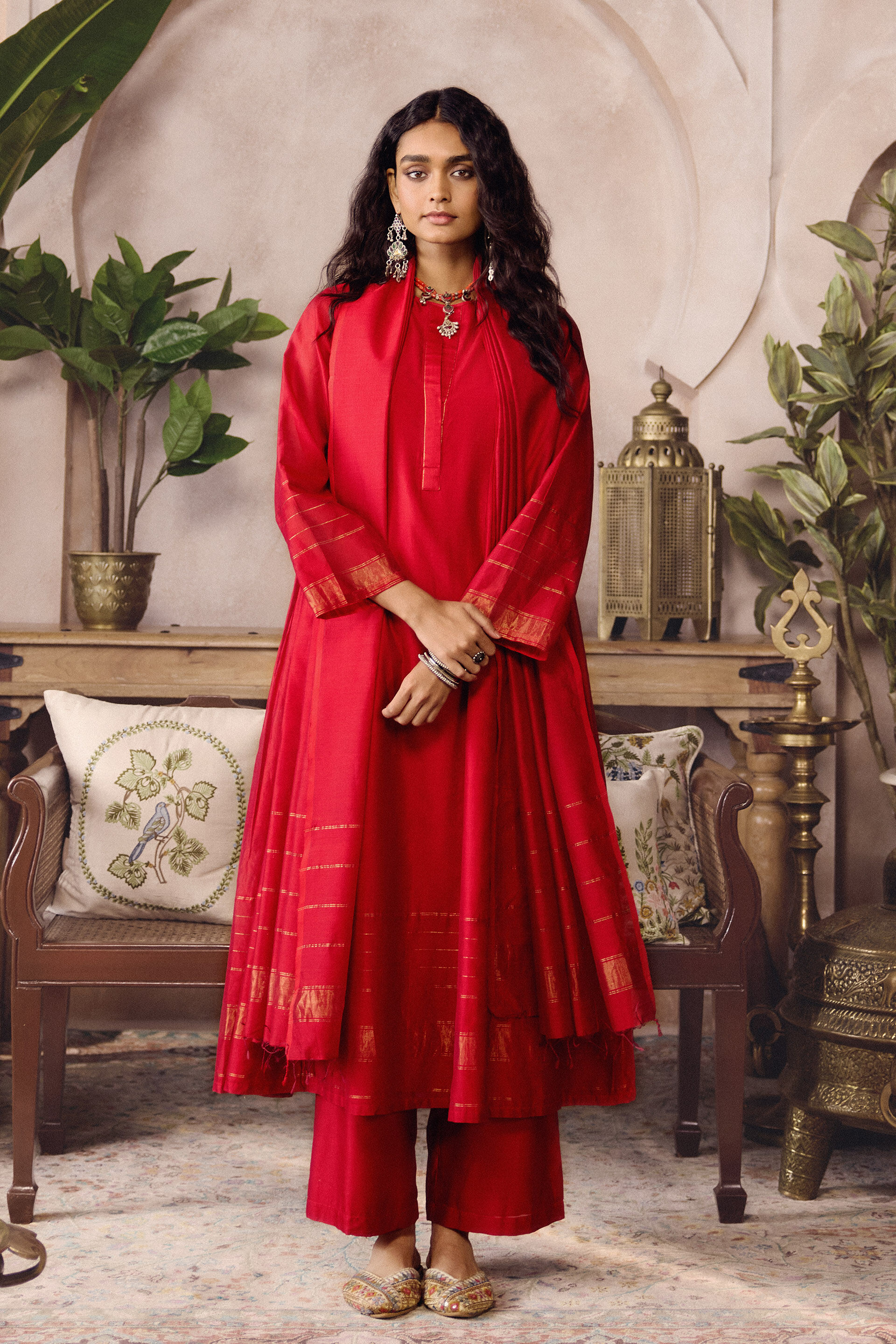 Ruska Handwoven Maheshwari Kurta Set - Red