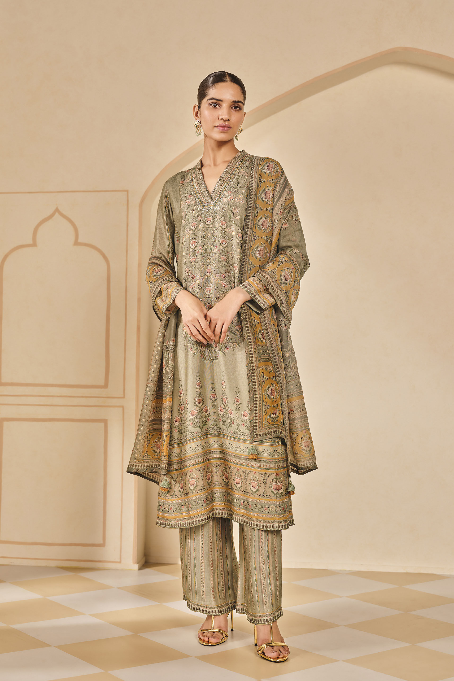 Azha Embroidered Cord Suit Set Grey